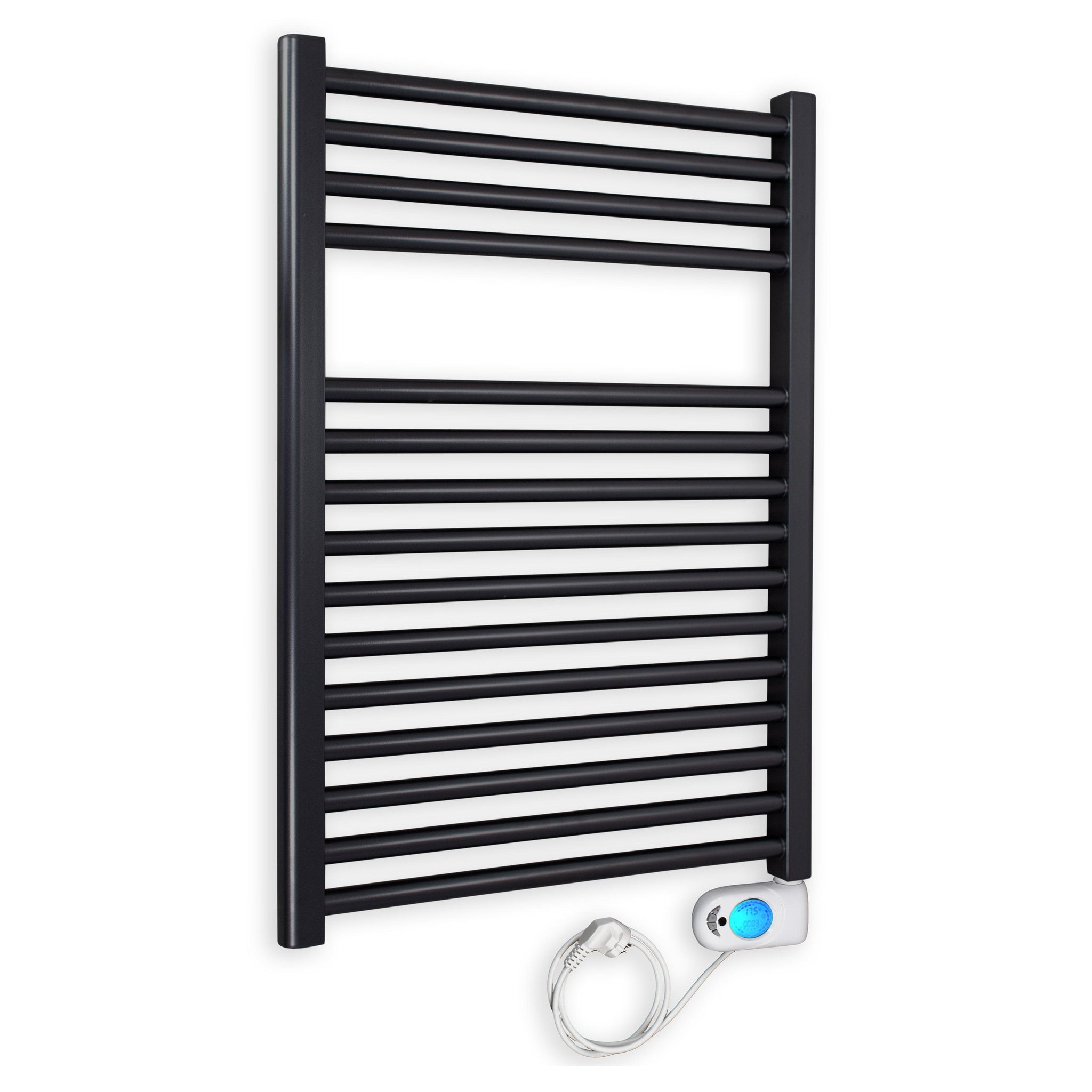 Badheizkörper gerade mit digitalem Thermotimer 764 x 600 schwarz Elektroheizkörper Handtuchwärmer elektrischer Handtuchhalter - heizkoerper.shop