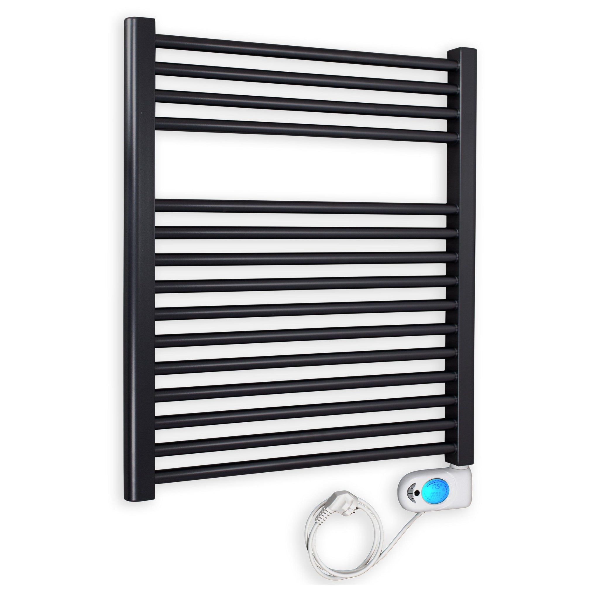 Badheizkörper gerade mit digitalem Thermotimer 764 x 750 schwarz Elektroheizkörper Handtuchwärmer elektrischer Handtuchhalter - heizkoerper.shop