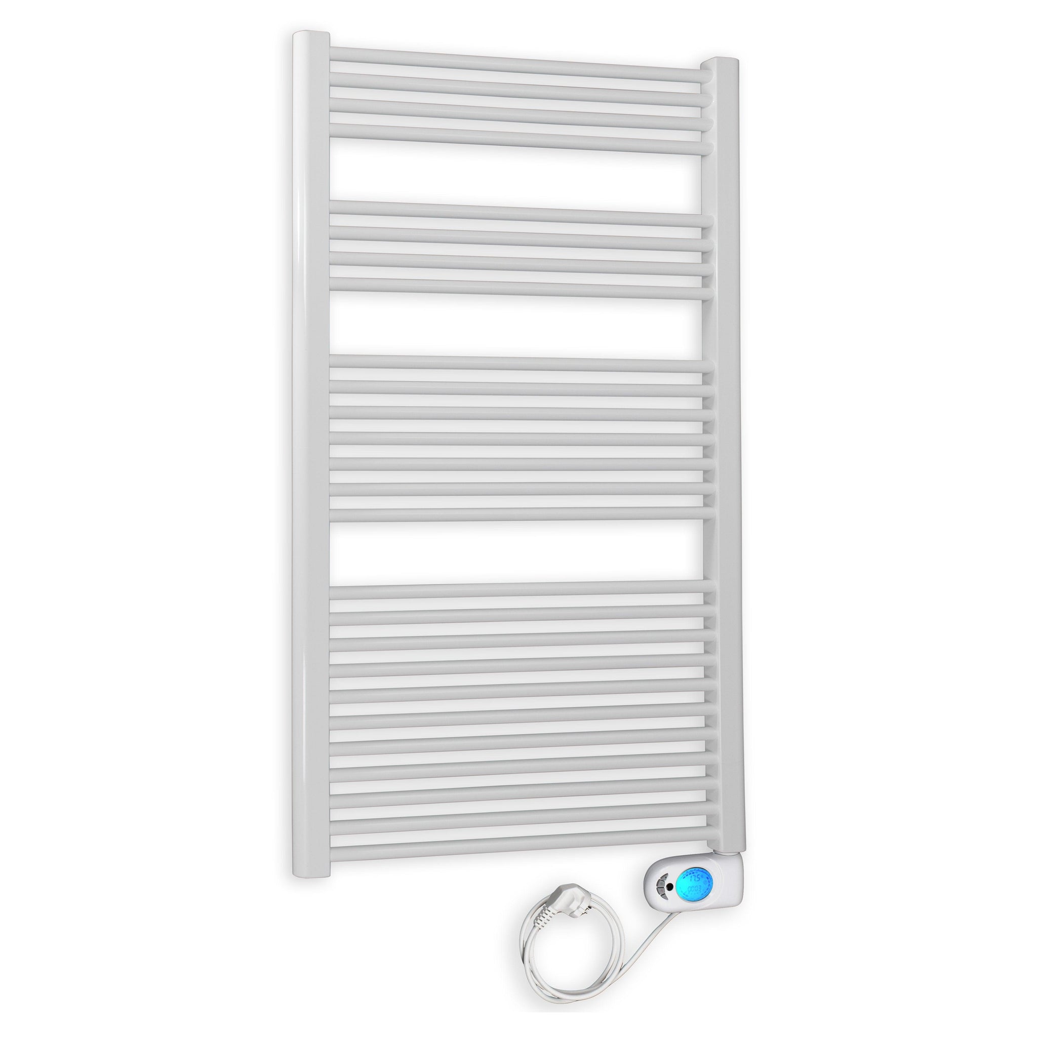 Badheizkörper gerade mit digitalem Thermotimer 1424 x 600 weiß Elektroheizkörper Handtuchwärmer elektrischer Handtuchhalter - heizkoerper.shop
