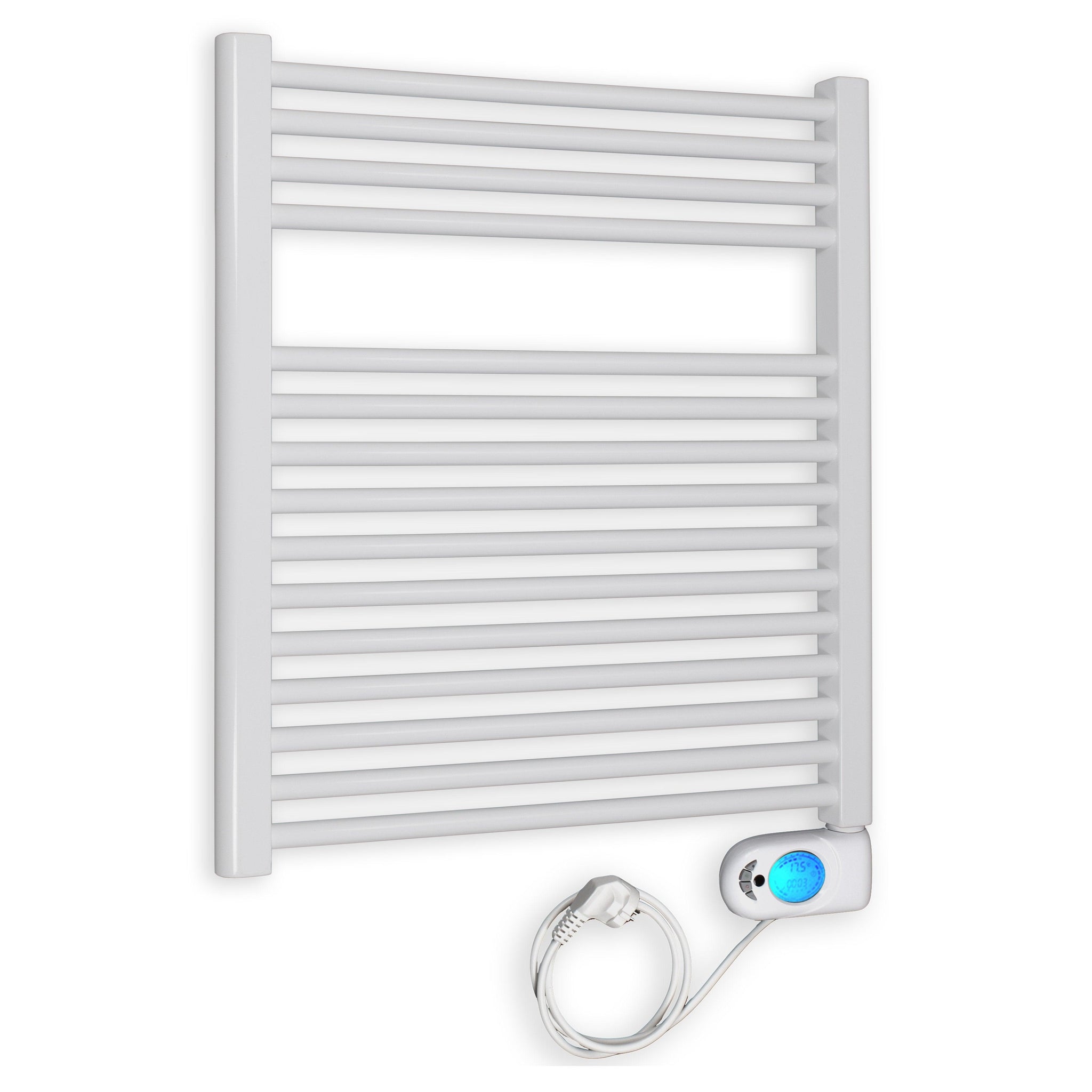 Badheizkörper gerade mit digitalem Thermotimer 764 x 750 weiß Elektroheizkörper Handtuchwärmer elektrischer Handtuchhalter - heizkoerper.shop