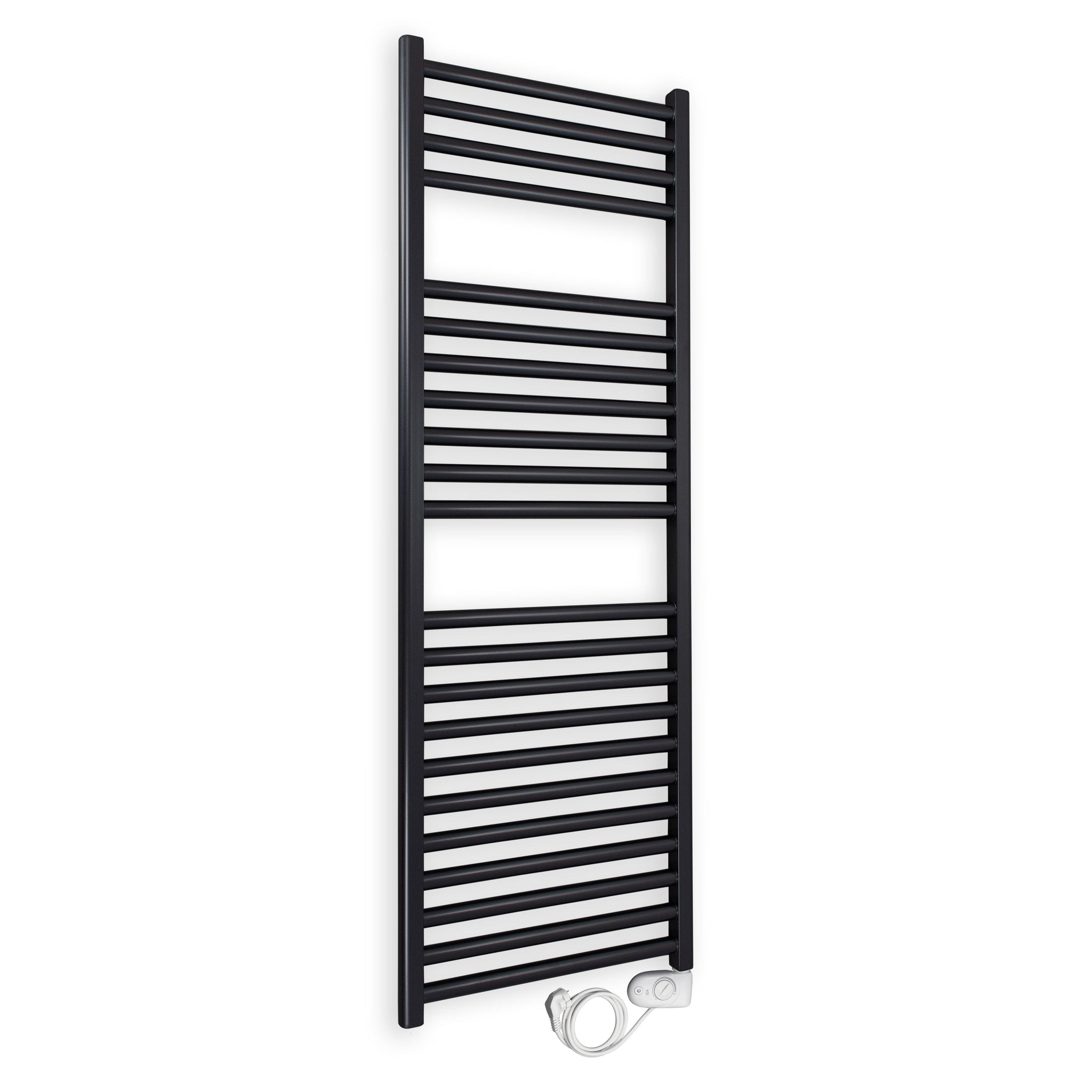 Badheizkörper gerade mit analogem Thermostat 1160 x 400 schwarz Elektroheizkörper Handtuchwärmer elektrischer Handtuchhalter - heizkoerper.shop