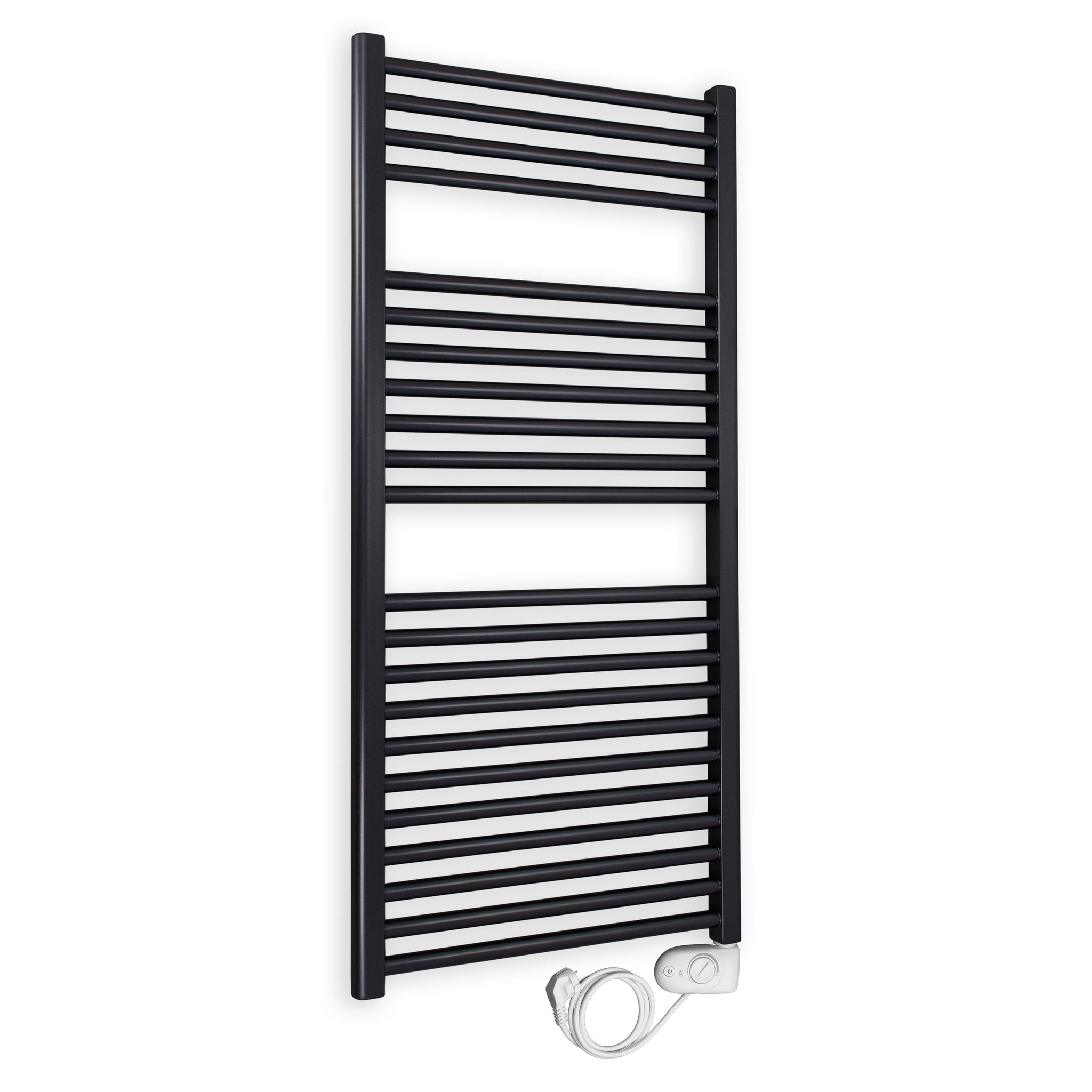 Badheizkörper gerade mit analogem Thermostat 1160 x 600 schwarz Elektroheizkörper Handtuchwärmer elektrischer Handtuchhalter - heizkoerper.shop