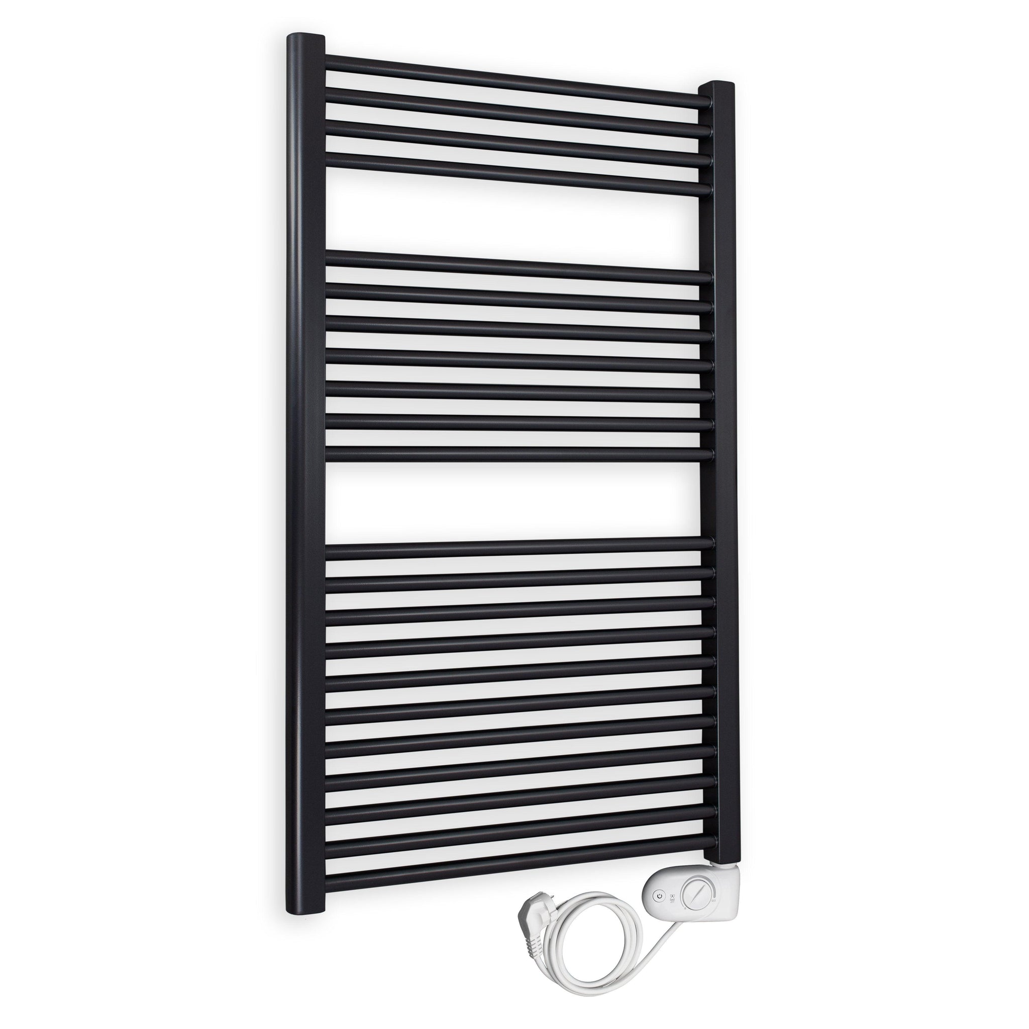 Badheizkörper gerade mit analogem Thermostat 1160 x 750 schwarz Elektroheizkörper Handtuchwärmer elektrischer Handtuchhalter - heizkoerper.shop