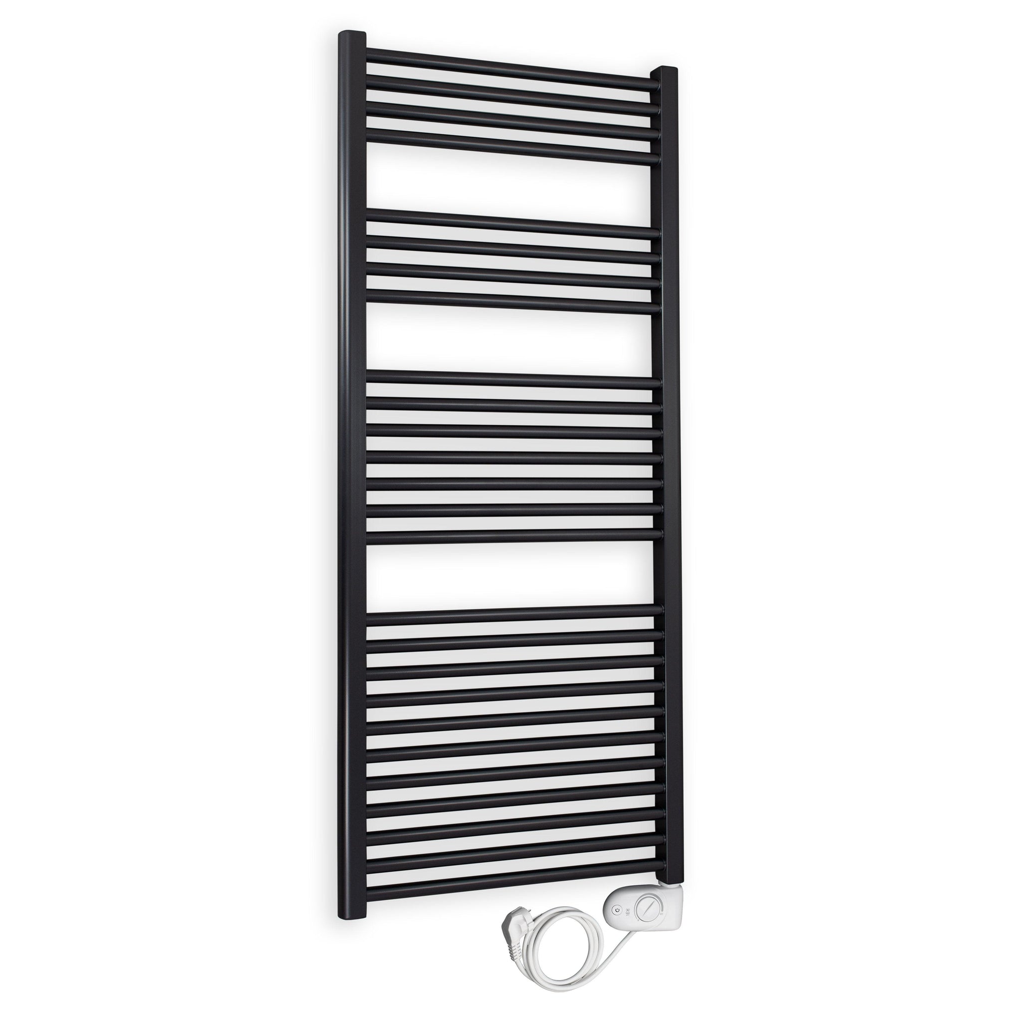 Badheizkörper gerade mit analogem Thermostat 1424 x 500 schwarz Elektroheizkörper Handtuchwärmer elektrischer Handtuchhalter - heizkoerper.shop