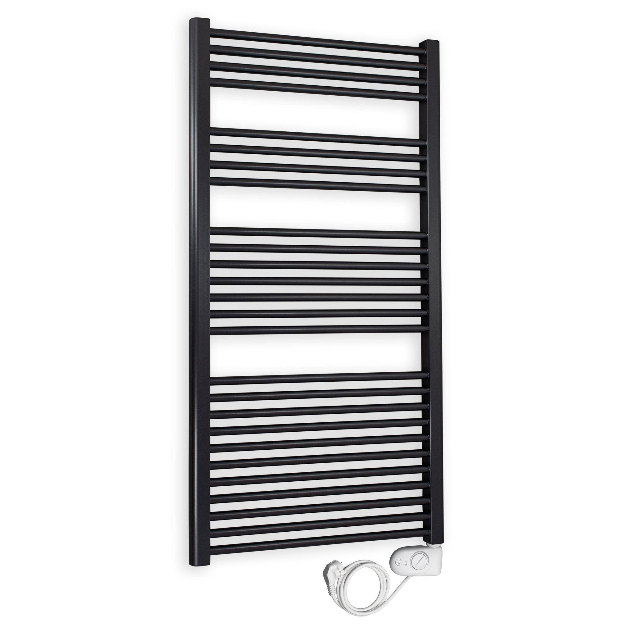 Badheizkörper gerade mit analogem Thermostat 1424 x 600 schwarz Elektroheizkörper Handtuchwärmer elektrischer Handtuchhalter - heizkoerper.shop