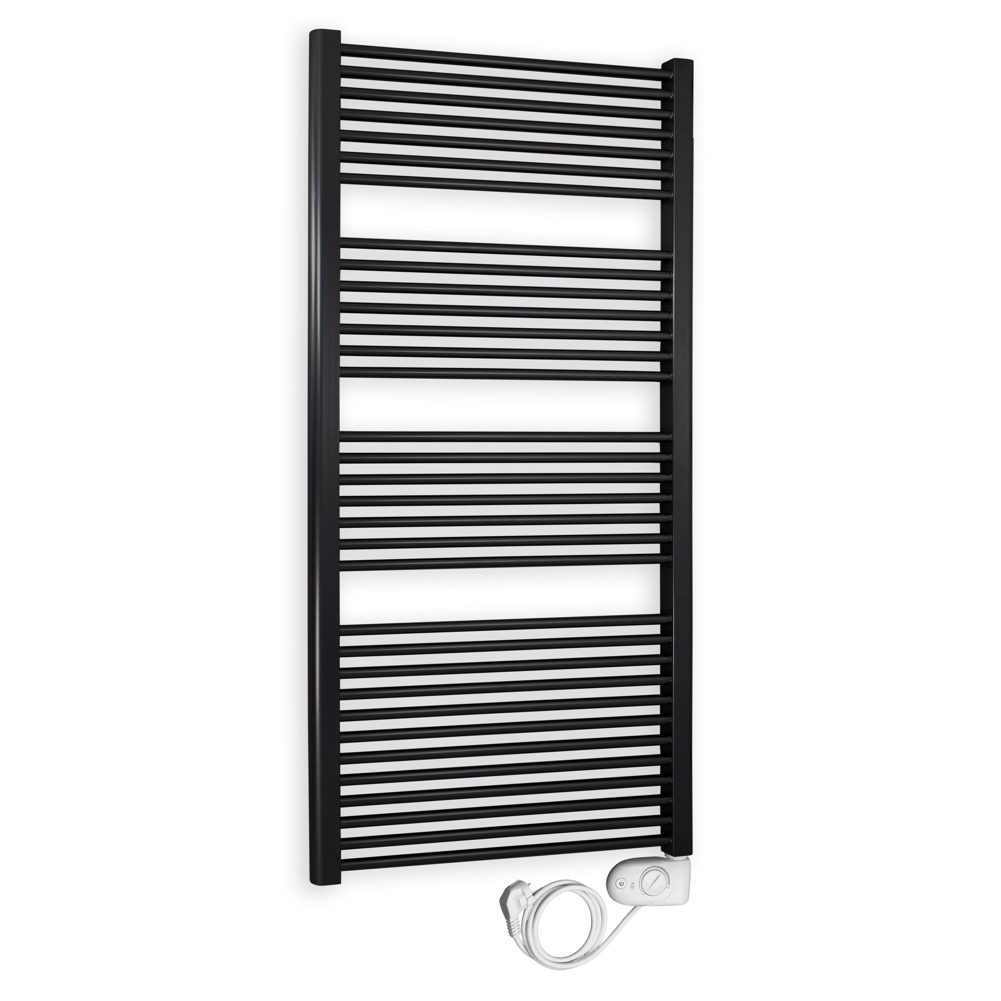 Badheizkörper gerade mit analogem Thermostat 1732 x 600 schwarz Elektroheizkörper Handtuchwärmer elektrischer Handtuchhalter - heizkoerper.shop
