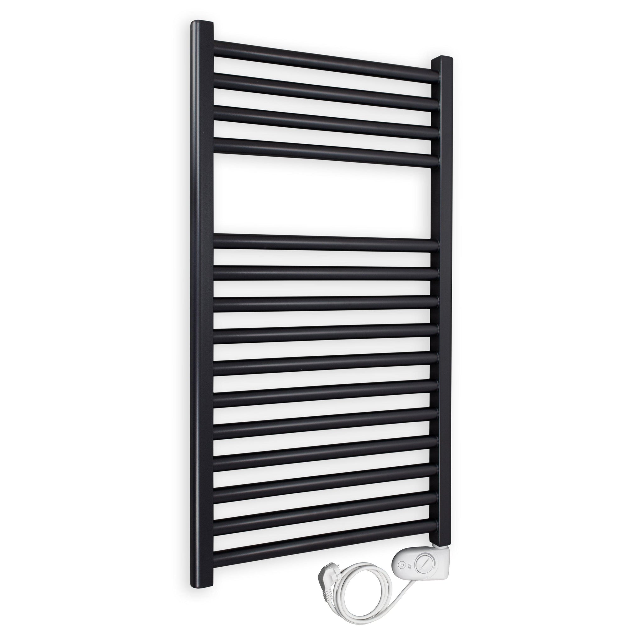 Badheizkörper gerade mit analogem Thermostat 764 x 400 schwarz Elektroheizkörper Handtuchwärmer elektrischer Handtuchhalter - heizkoerper.shop