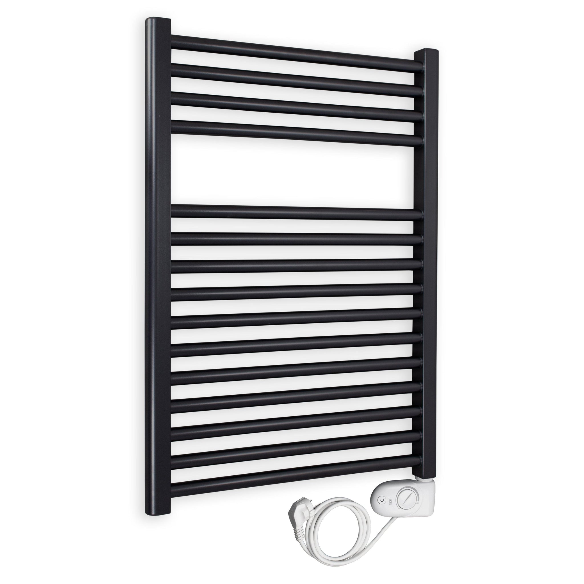 Badheizkörper gerade mit analogem Thermostat 764 x 600 schwarz Elektroheizkörper Handtuchwärmer elektrischer Handtuchhalter - heizkoerper.shop