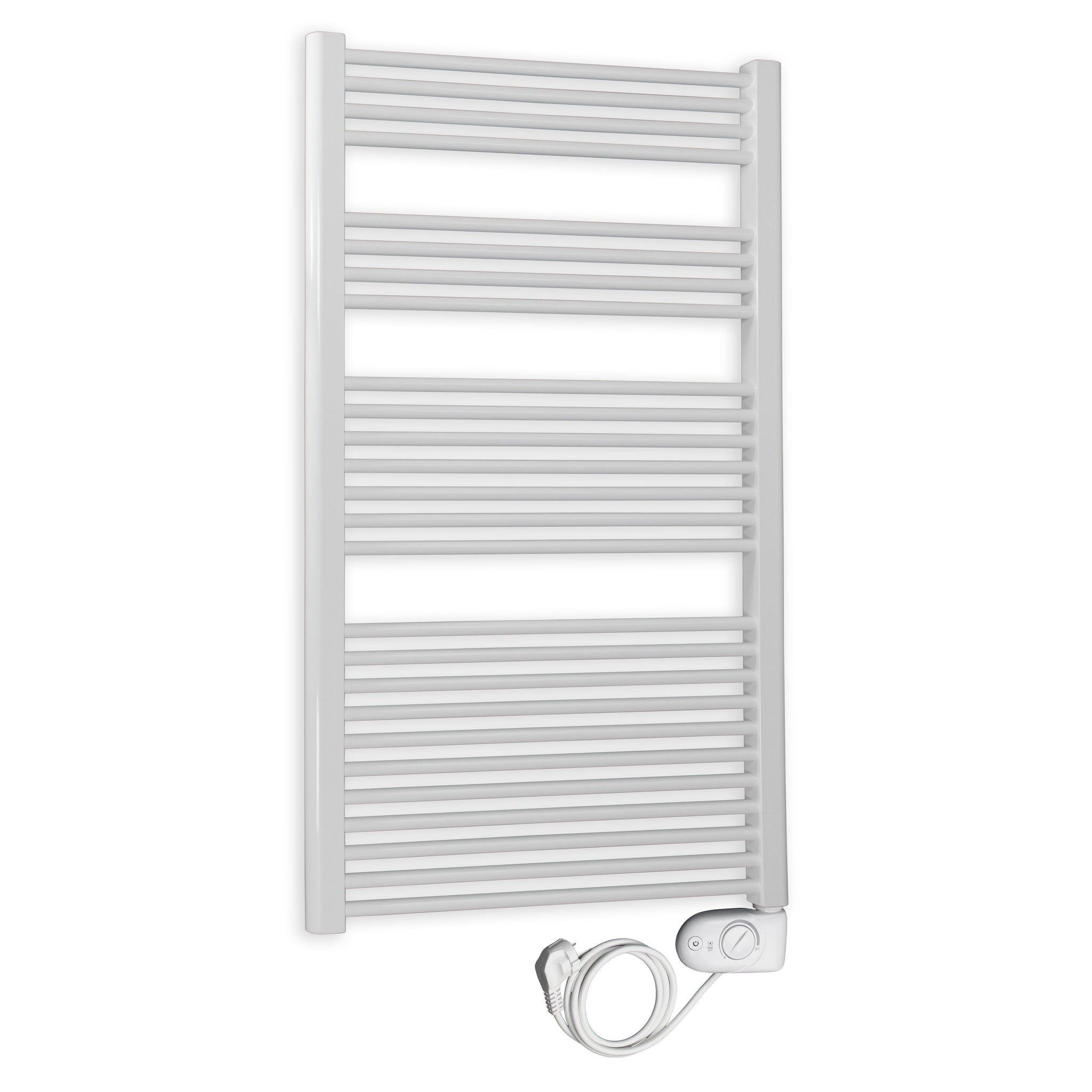 Badheizkörper gerade mit analogem Thermostat 1424 x 600 weiß Elektroheizkörper Handtuchwärmer elektrischer Handtuchhalter - heizkoerper.shop