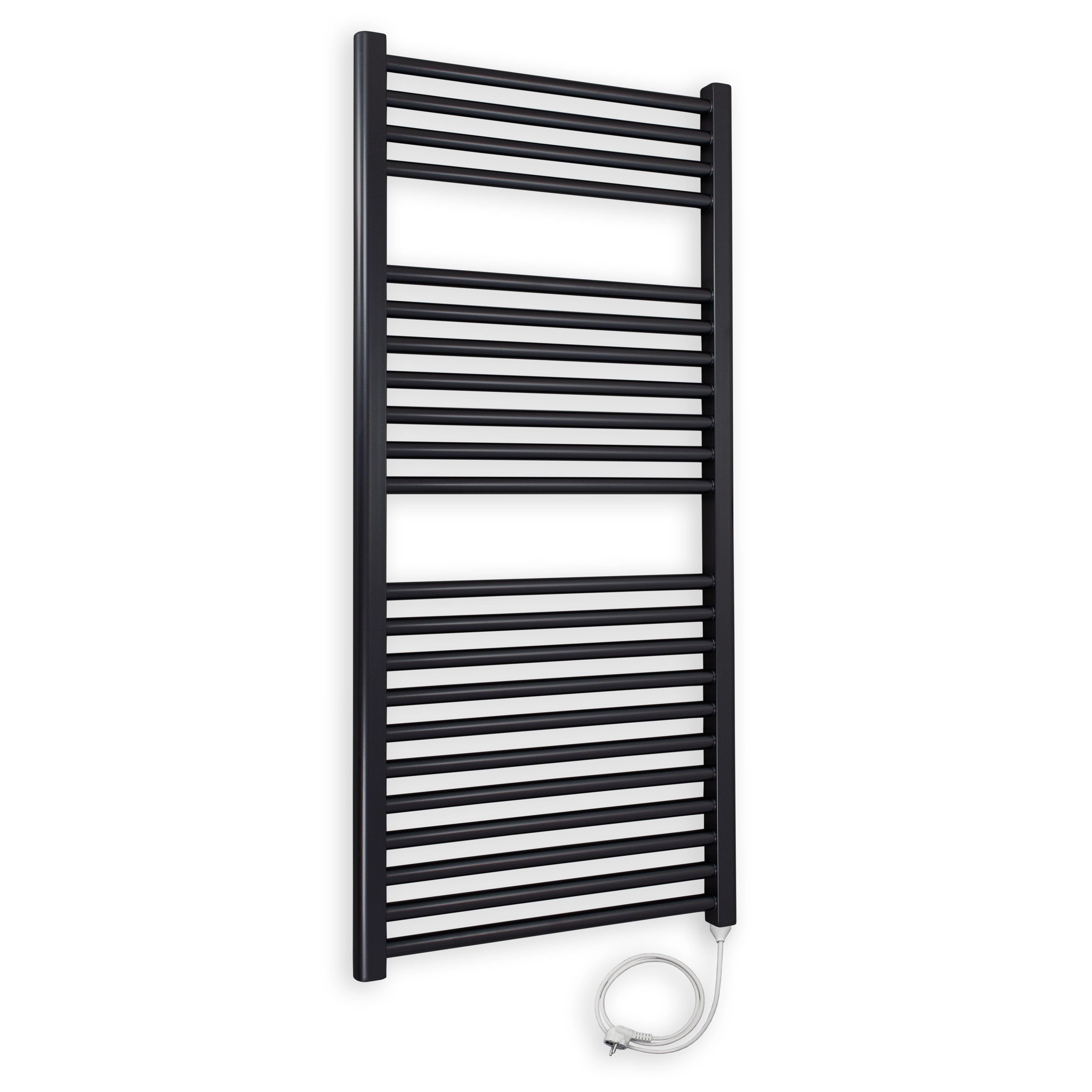 Badheizkörper gerade mit Stecker 1160 x 600 schwarz Elektroheizkörper Handtuchwärmer elektrischer Handtuchhalter Badezimmer Heizung - heizkoerper.shop