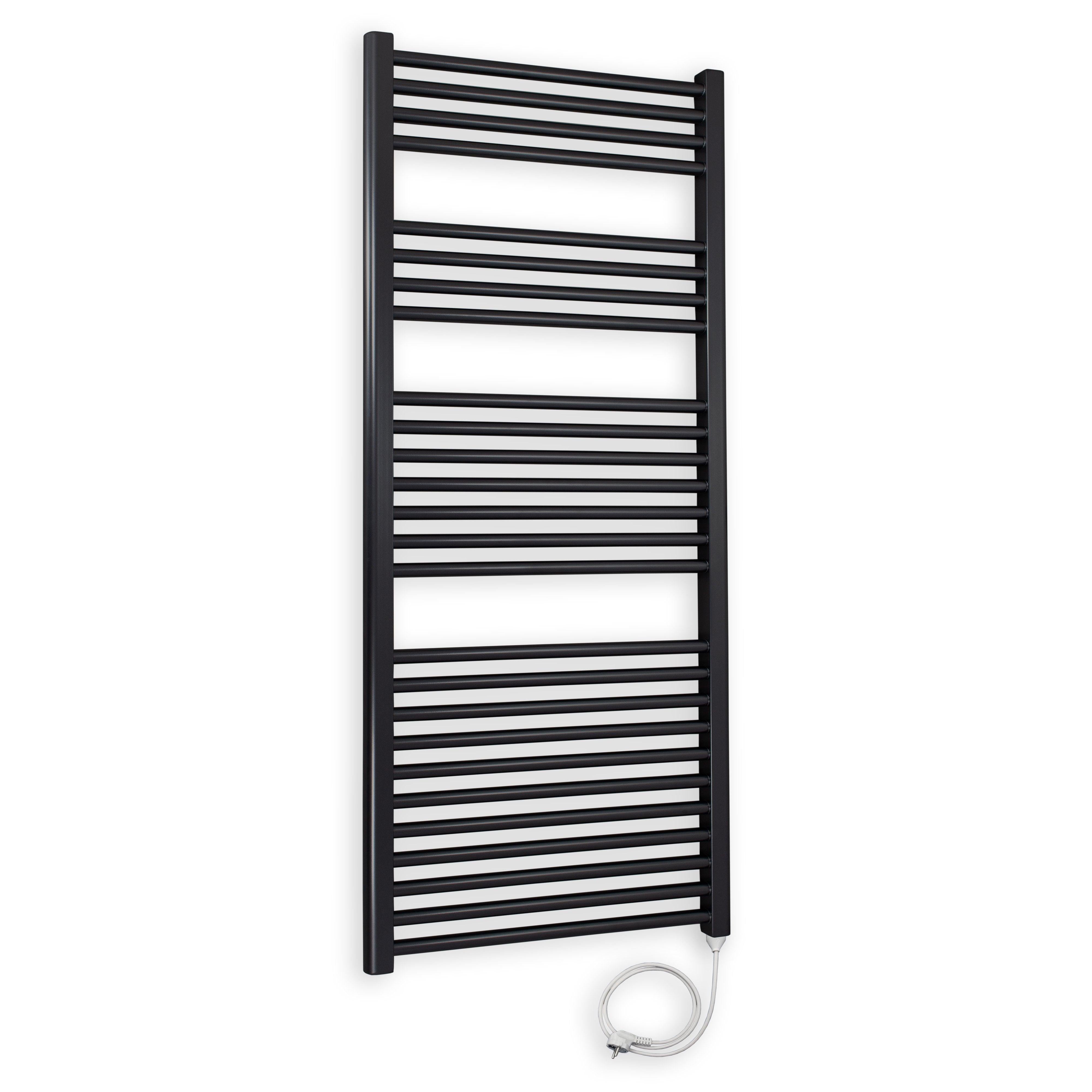Badheizkörper gerade mit Stecker 1424 x 500 schwarz Elektroheizkörper Handtuchwärmer elektrischer Handtuchhalter Badezimmer Heizung - heizkoerper.shop