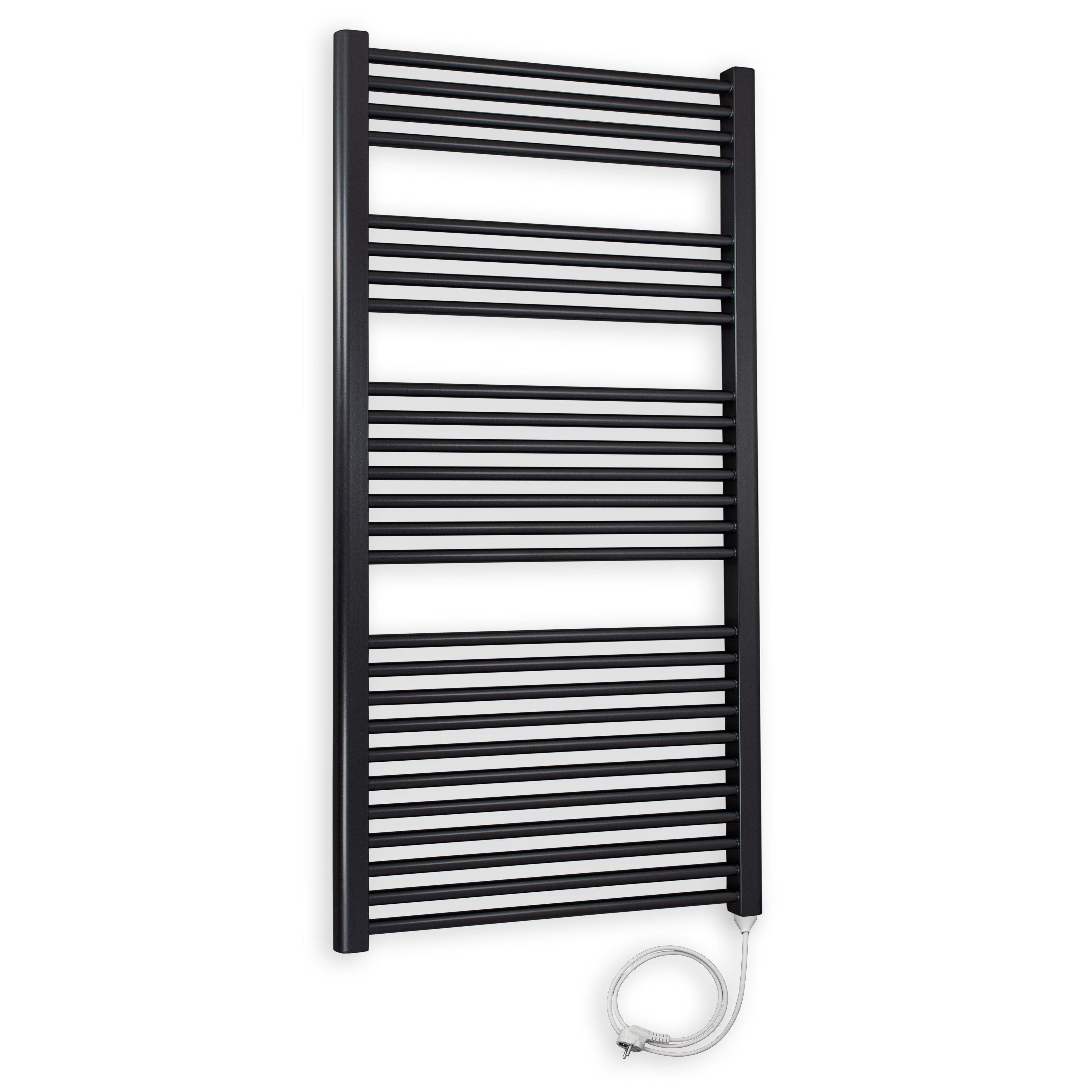 Badheizkörper gerade mit Stecker 1424 x 600 schwarz Elektroheizkörper Handtuchwärmer elektrischer Handtuchhalter Badezimmer Heizung - heizkoerper.shop