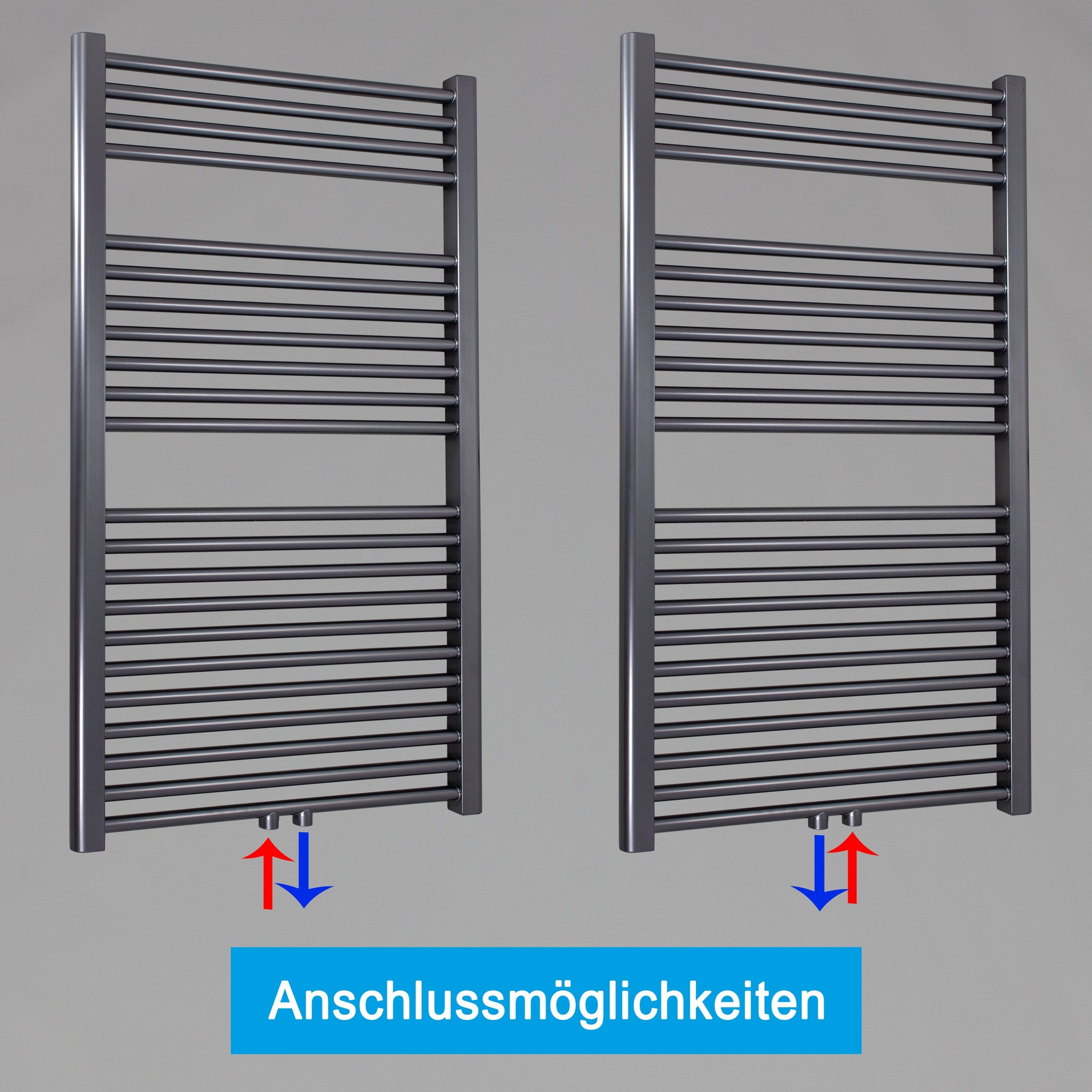 Badheizkörper gerade mit Mittenanschluss Handtuchhalter Badezimmer Heizung Handtuchwärmer 1160 x 600 anthrazit Anschlussmöglichkeiten - heizkoerper.shop