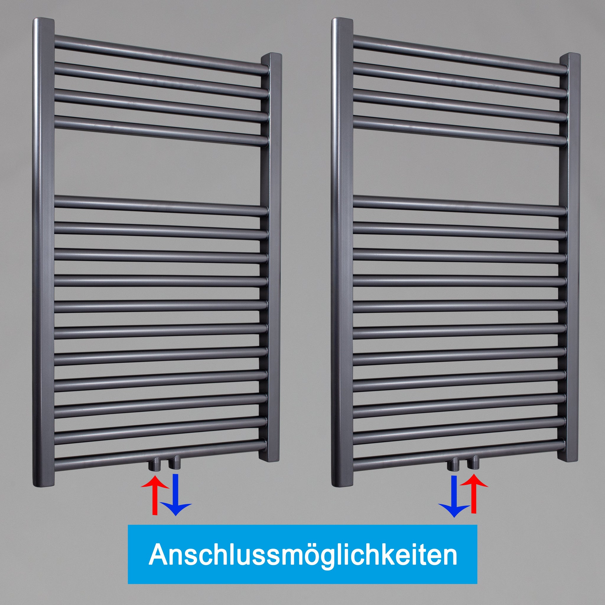 Badheizkörper gerade mit Mittenanschluss Handtuchhalter Badezimmer Heizung Handtuchwärmer 764 x 600 anthrazit Anschlussmöglichkeiten - heizkoerper.shop