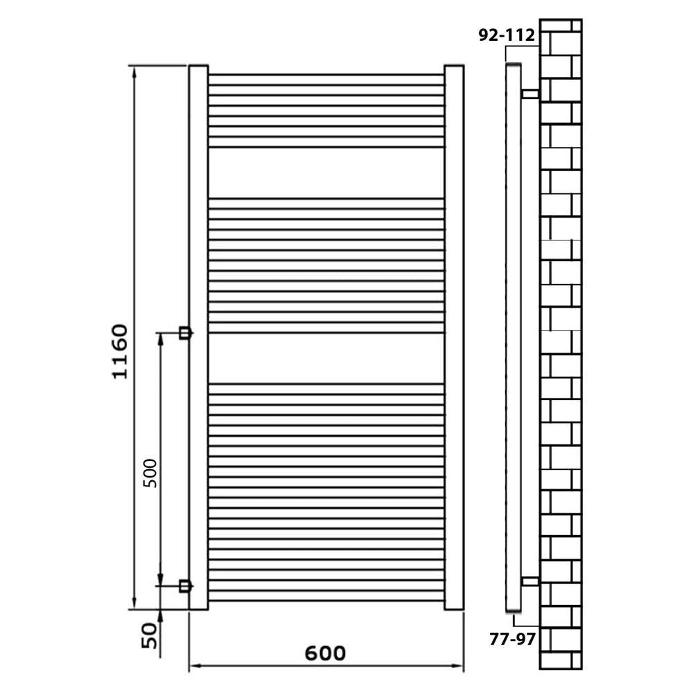 Badheizkörper Austauschheizkörper 1160 x 600 links rechts Seitenanschluss Nabenanschluss seitlicher Anschluss 500 Renovierung technische Zeichnung - heizkoerper.shop