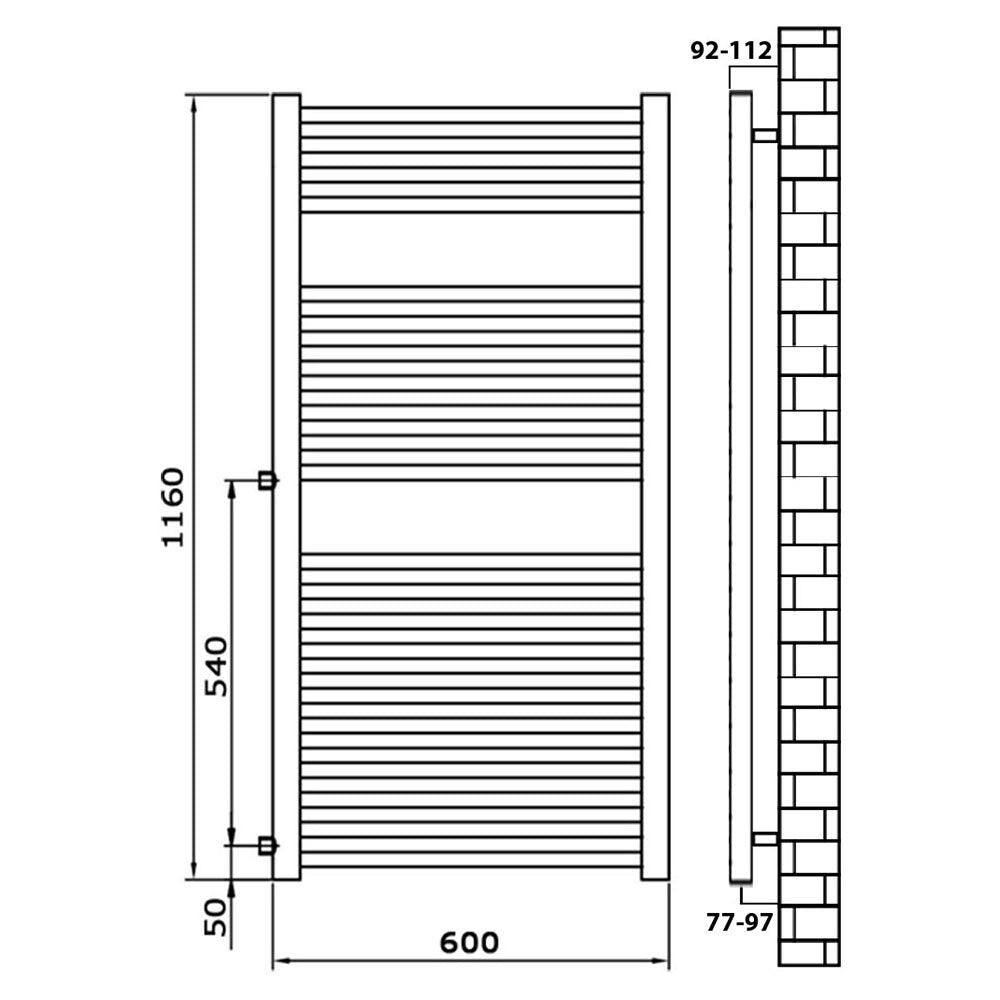 Badheizkörper Austauschheizkörper 1160 x 600 links rechts Seitenanschluss Nabenanschluss seitlicher Anschluss 540 Renovierung technische Zeichnung - heizkoerper.shop