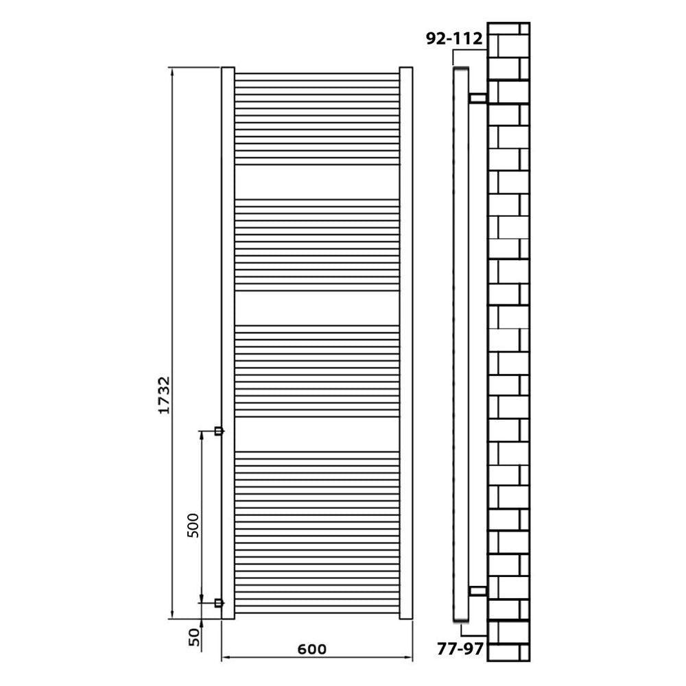 Badheizkörper Austauschheizkörper 1732 x 600 links rechts Seitenanschluss Nabenanschluss seitlicher Anschluss 500 Renovierung technische Zeichnung - heizkoerper.shop
