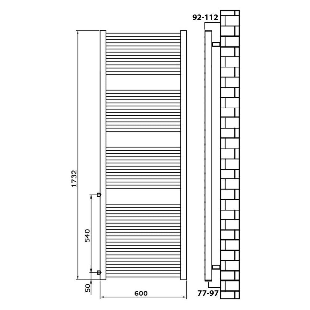 Badheizkörper Austauschheizkörper 1732 x 600 links rechts Seitenanschluss Nabenanschluss seitlicher Anschluss 540 Renovierung technische Zeichnung - heizkoerper.shop
