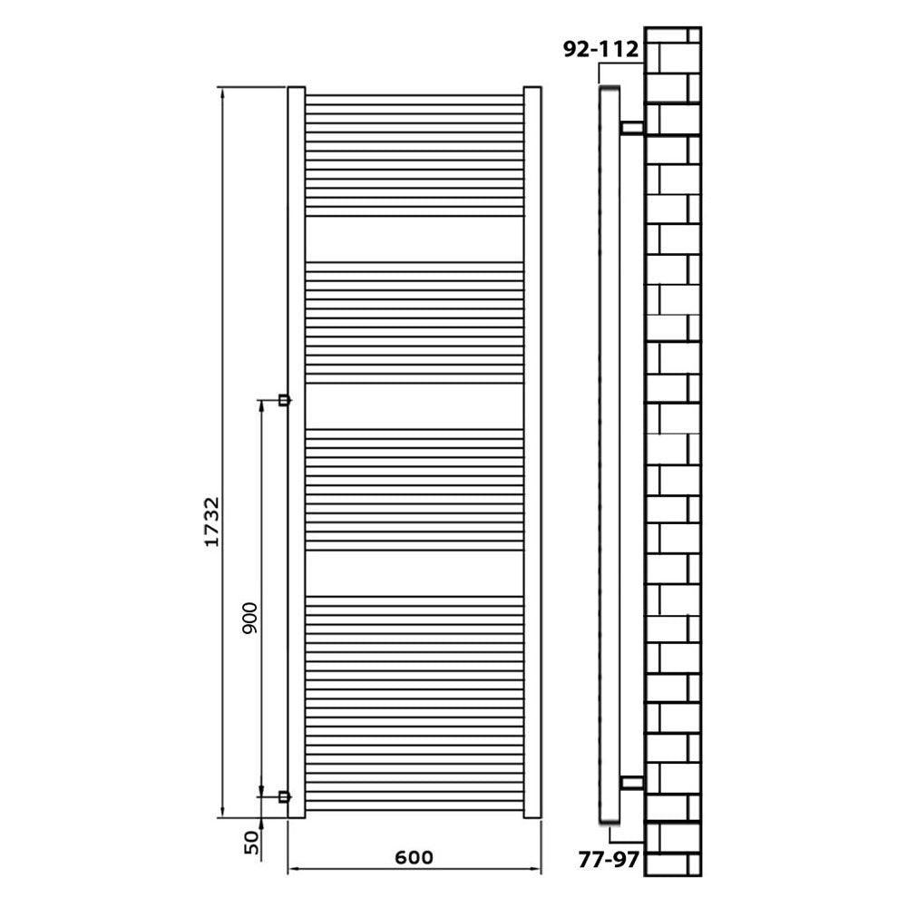 Badheizkörper Austauschheizkörper 1732 x 600 links rechts Seitenanschluss Nabenanschluss seitlicher Anschluss 900 Renovierung technische Zeichnung - heizkoerper.shop