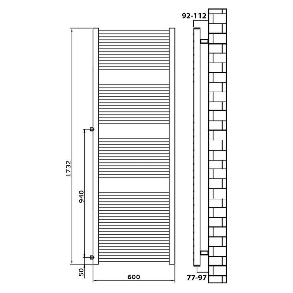 Badheizkörper Austauschheizkörper 1732 x 600 links rechts Seitenanschluss Nabenanschluss seitlicher Anschluss 940 Renovierung technische Zeichnung - heizkoerper.shop