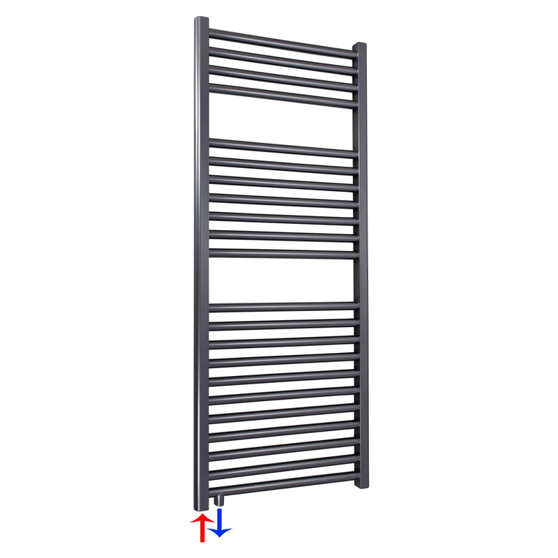 Badheizkörper anthrazit 1160 x 600 Handtuchheizkörper mit Anschluss links oder rechts | mit versetztem Mittelanschluss - heizkoerper.shop