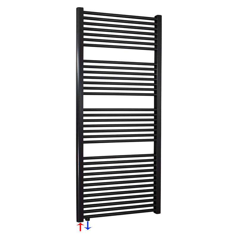 Badheizkörper schwarz 1732 x 600 Handtuchheizkörper mit Anschluss links oder rechts | mit versetztem Mittelanschluss - heizkoerper.shop