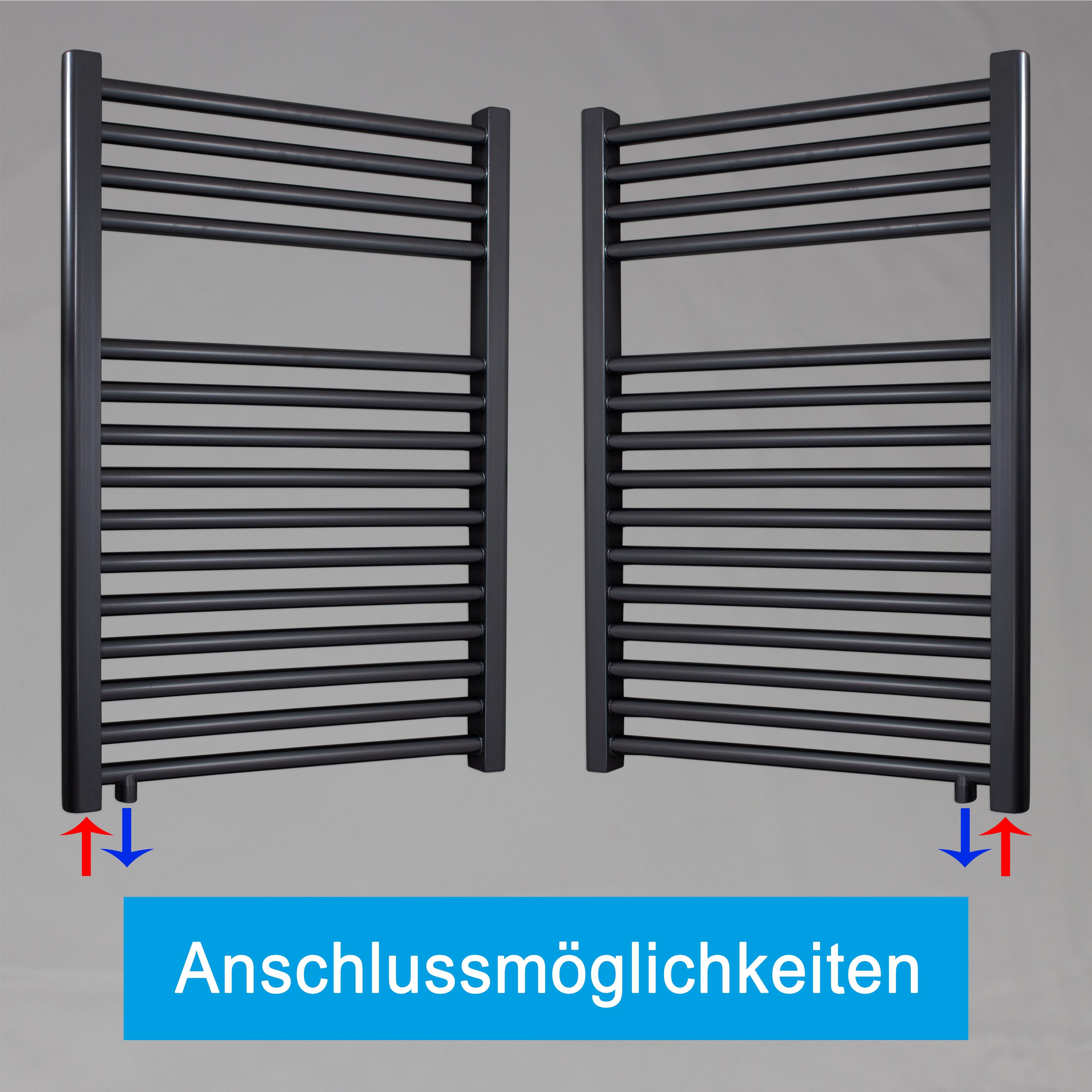 Badheizkörper schwarz 764 x 600 Handtuchheizkörper mit Anschluss links oder rechts | mit versetztem Mittelanschluss Anschlussmöglichkeiten - heizkoerper.shop