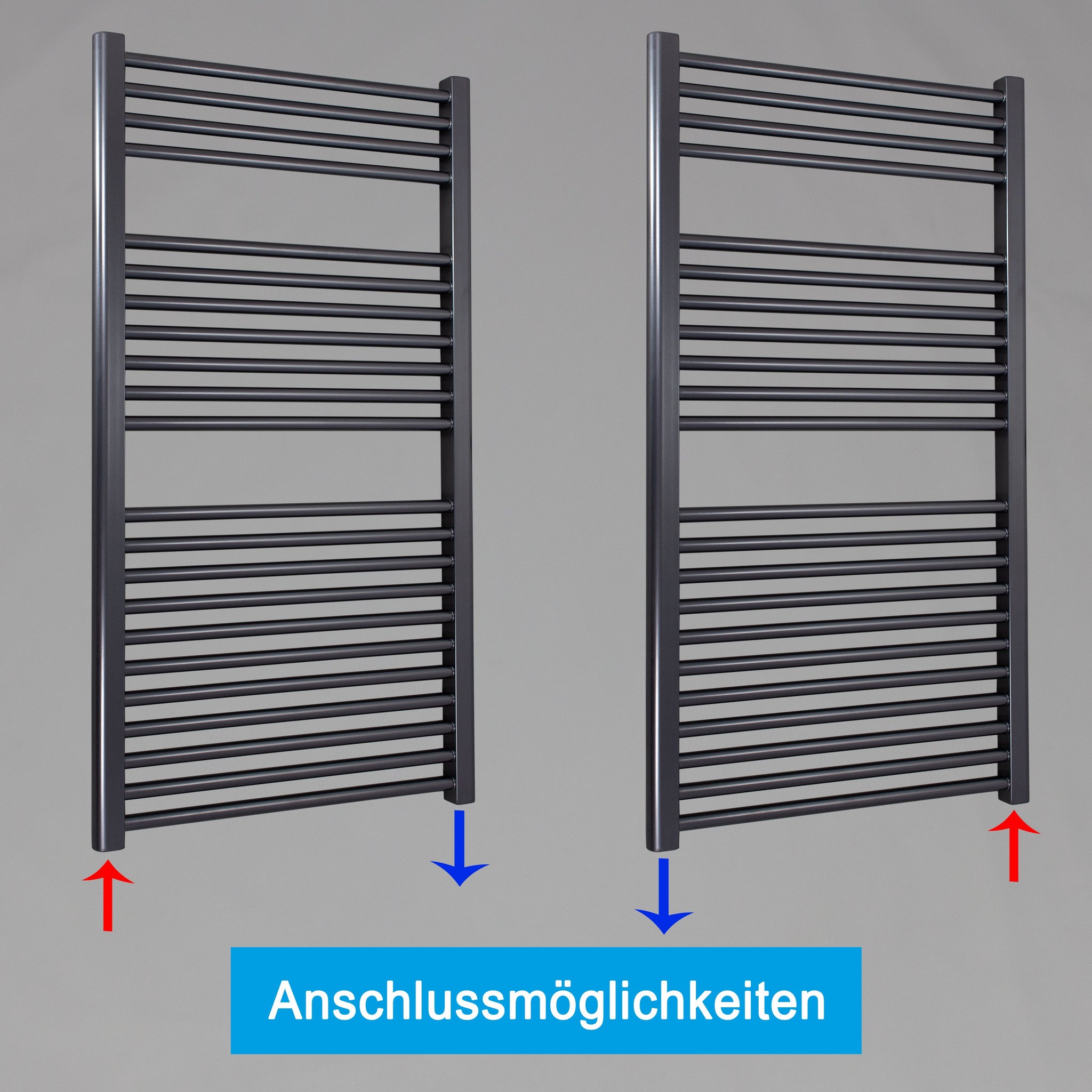 Badheizkörper gerade mit Standardanschluss Handtuchhalter Badezimmer Heizung Handtuchwärmer 1160 x 600 anthrazit Anschlussmöglichkeiten - heizkoerper.shop