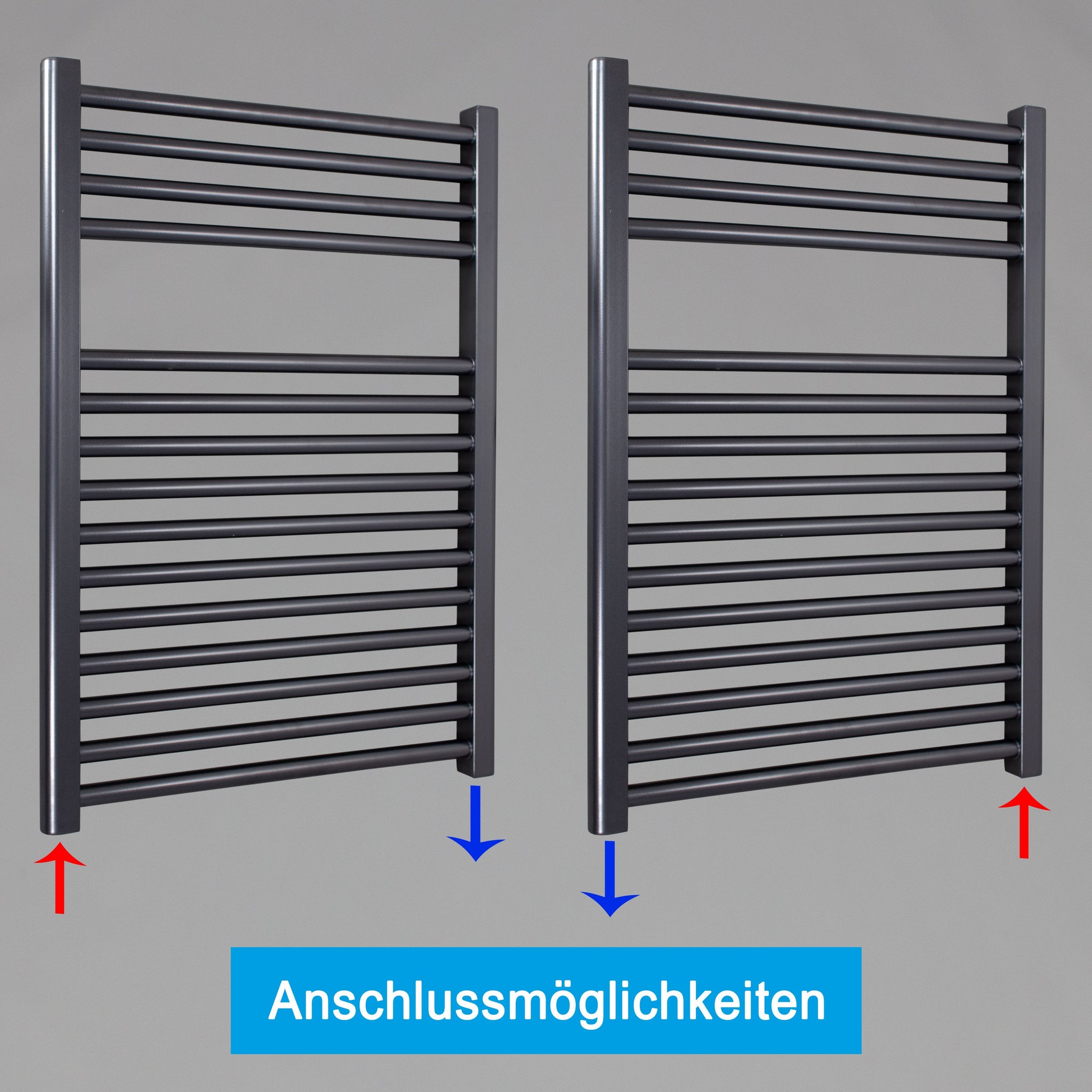 Badheizkörper gerade mit Standardanschluss Handtuchhalter Badezimmer Heizung Handtuchwärmer 764 x 600 anthrazit Anschlussmöglichkeiten - heizkoerper.shop