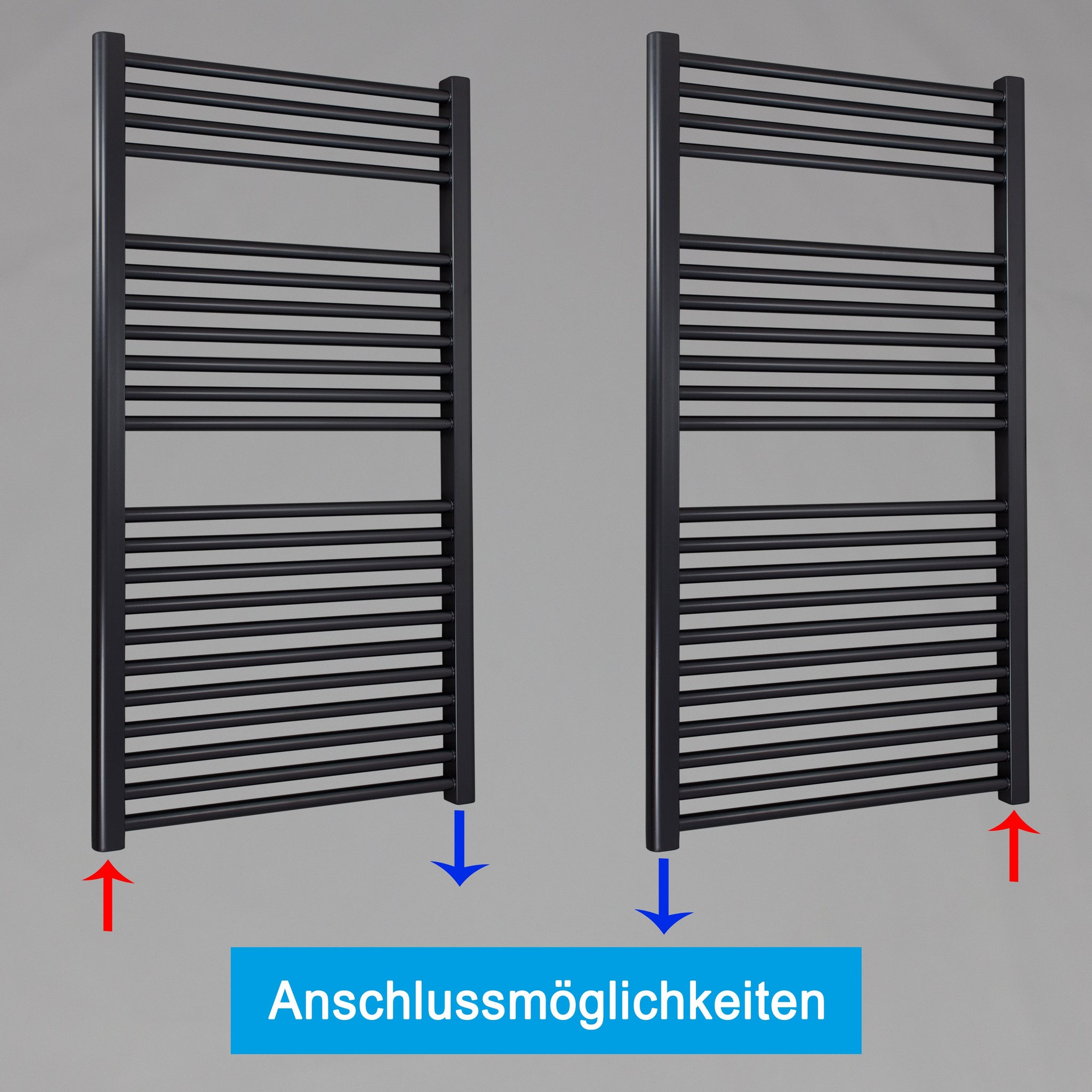 Badheizkörper gerade mit Standardanschluss Handtuchhalter Badezimmer Heizung Handtuchwärmer 1160 x 600 schwarz Anschlussmöglichkeiten - heizkoerper.shop
