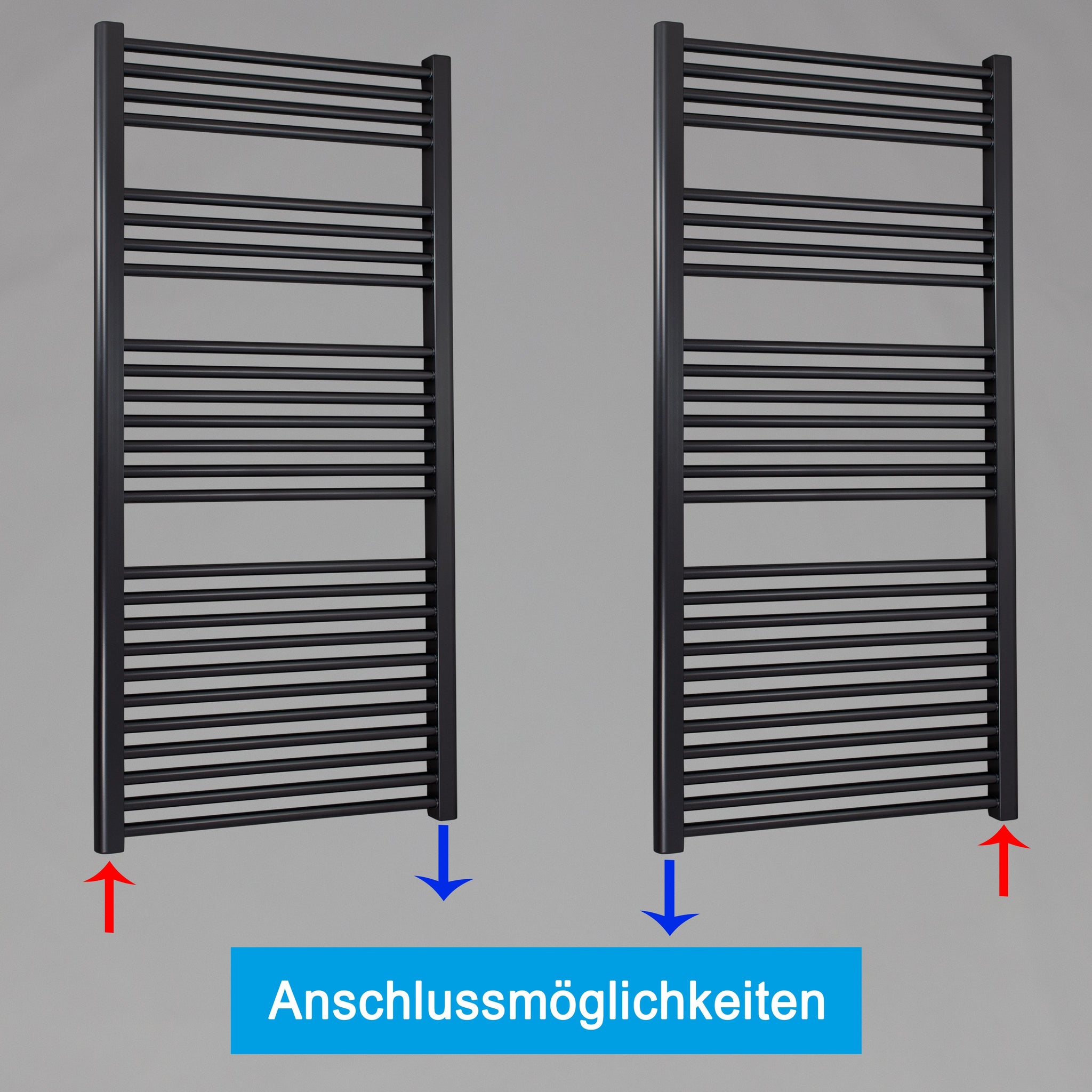 Badheizkörper gerade mit Standardanschluss Handtuchhalter Badezimmer Heizung Handtuchwärmer 1424 x 600 schwarz Anschlussmöglichkeiten - heizkoerper.shop
