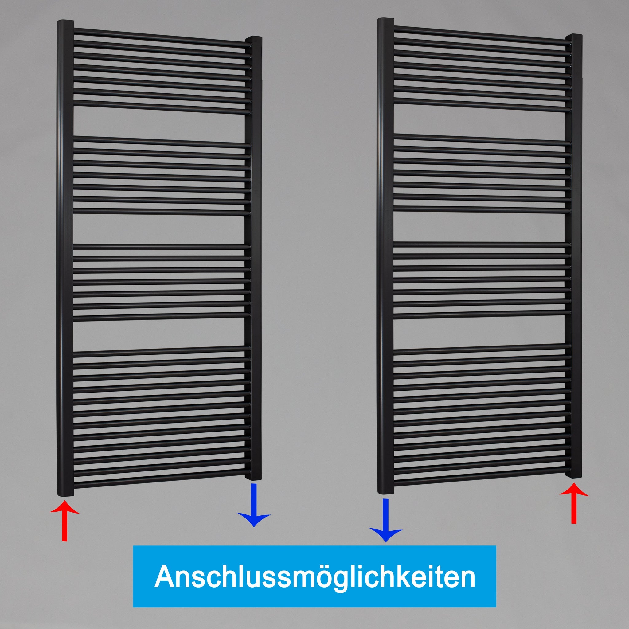 Badheizkörper gerade mit Standardanschluss Handtuchhalter Badezimmer Heizung Handtuchwärmer 1732 x 600 schwarz Anschlussmöglichkeiten - heizkoerper.shop