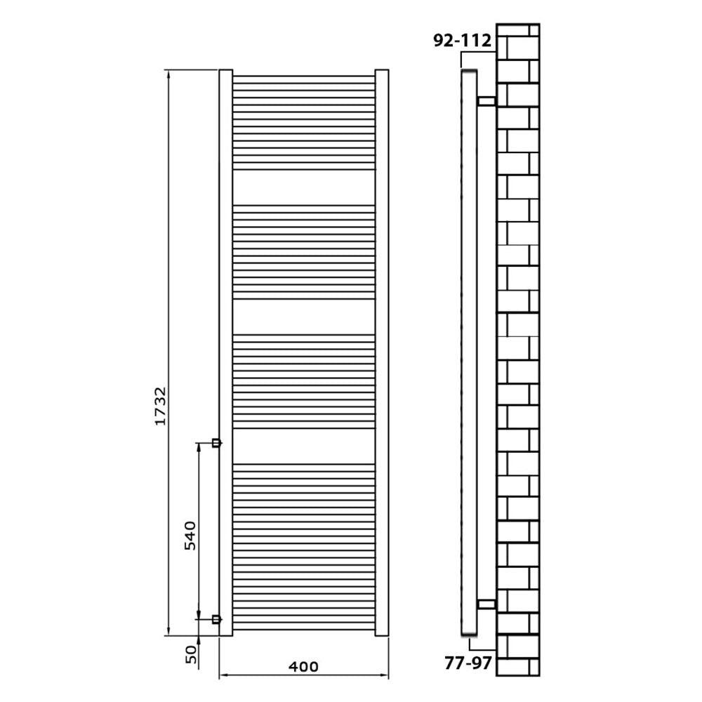 Badheizkörper Austauschheizkörper 1732 x 400 links rechts Seitenanschluss Nabenanschluss seitlicher Anschluss 540 Renovierung technische Zeichnung - heizkoerper.shop