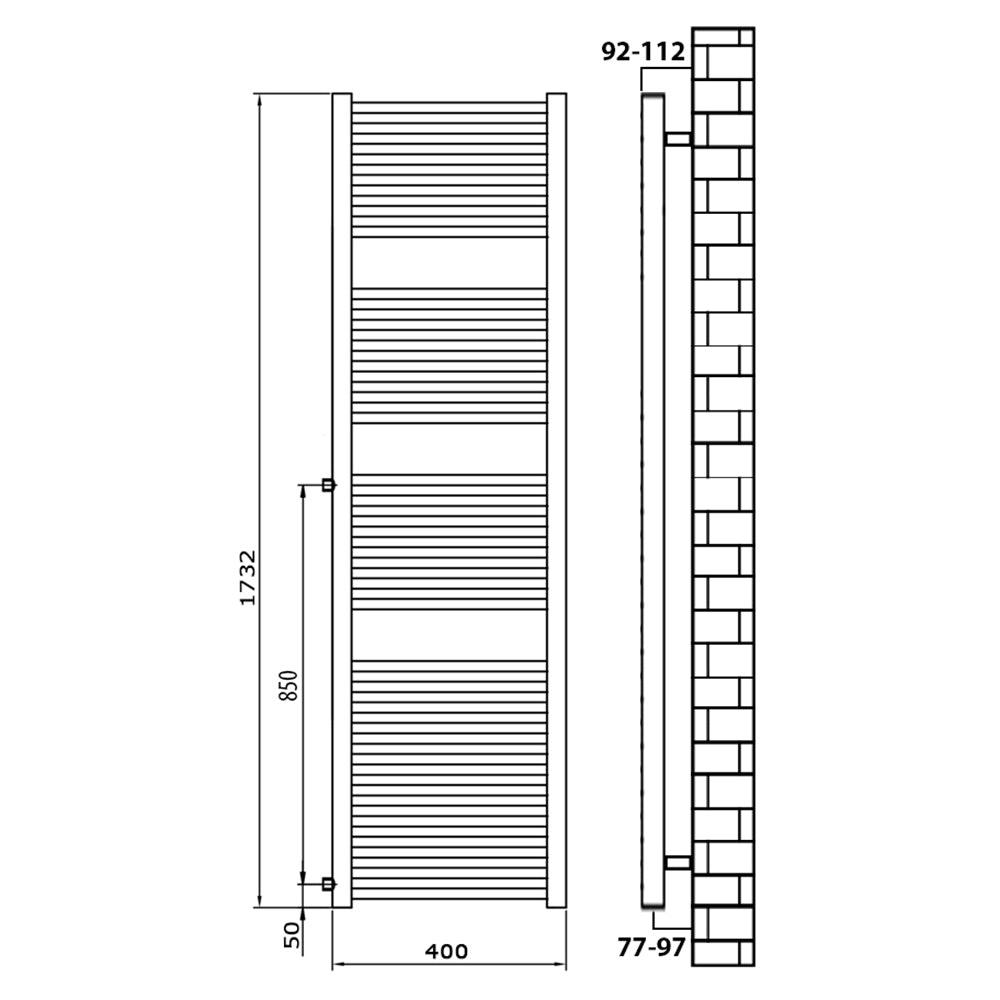 Badheizkörper Austauschheizkörper 1732 x 400 links rechts Seitenanschluss Nabenanschluss seitlicher Anschluss 850 Renovierung technische Zeichnung - heizkoerper.shop