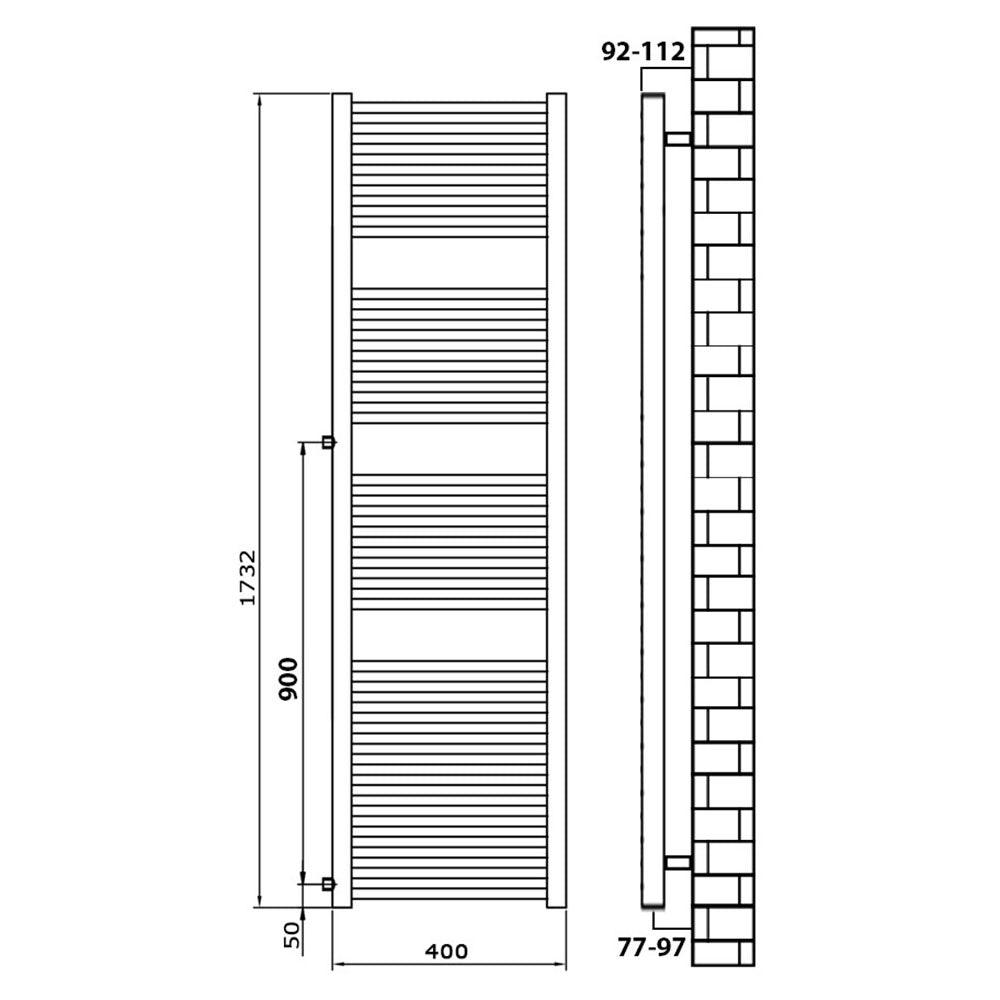 Badheizkörper Austauschheizkörper 1732 x 400 links rechts Seitenanschluss Nabenanschluss seitlicher Anschluss 900 Renovierung technische Zeichnung - heizkoerper.shop