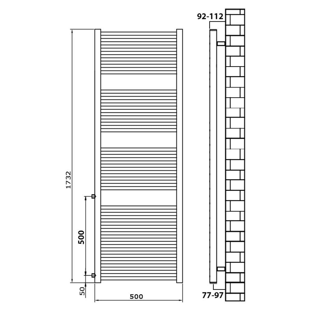 Badheizkörper Austauschheizkörper 1732 x 500 links rechts Seitenanschluss Nabenanschluss seitlicher Anschluss 500 Renovierung technische Zeichnung - heizkoerper.shop