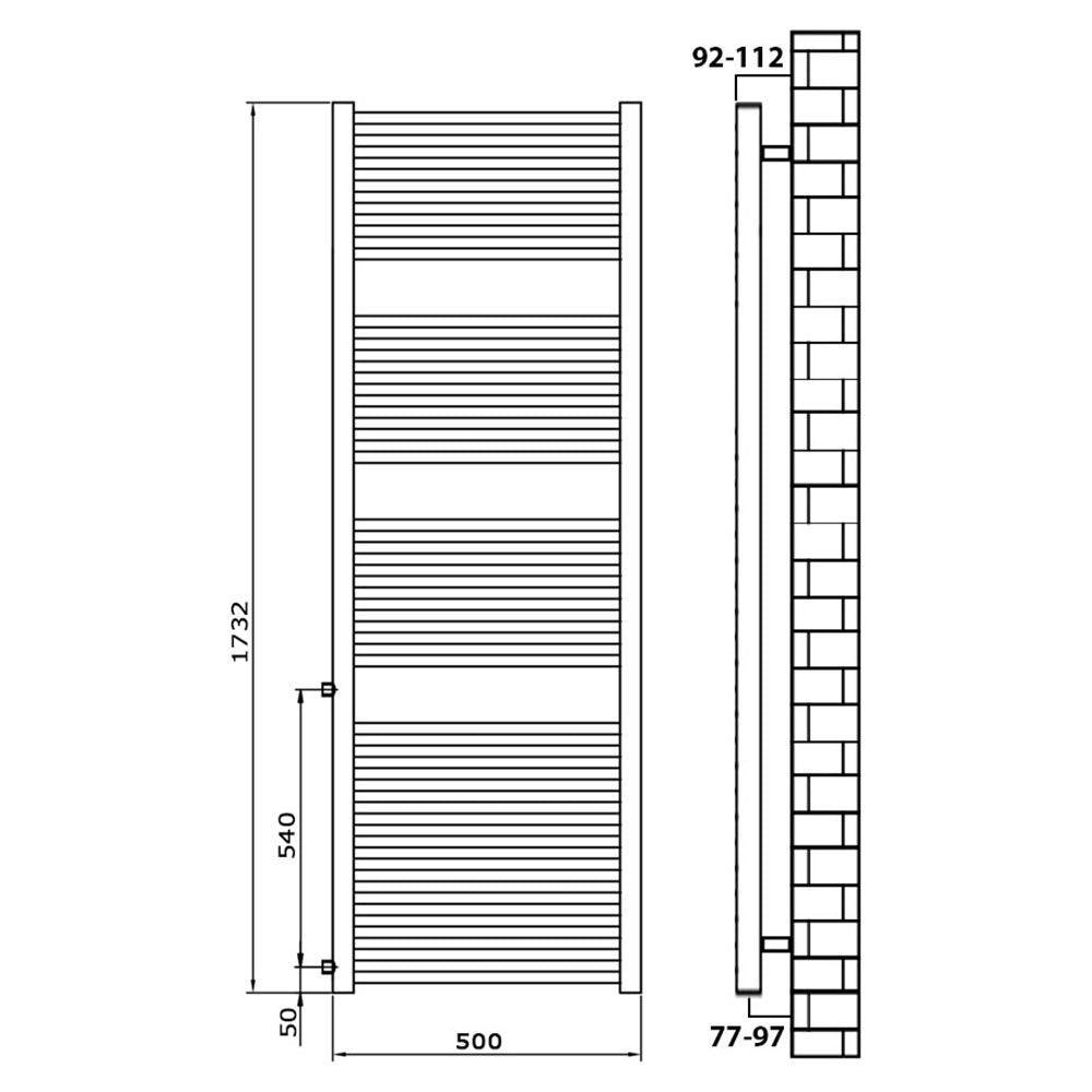 Badheizkörper Austauschheizkörper 1732 x 500 links rechts Seitenanschluss Nabenanschluss seitlicher Anschluss 540 Renovierung technische Zeichnung - heizkoerper.shop