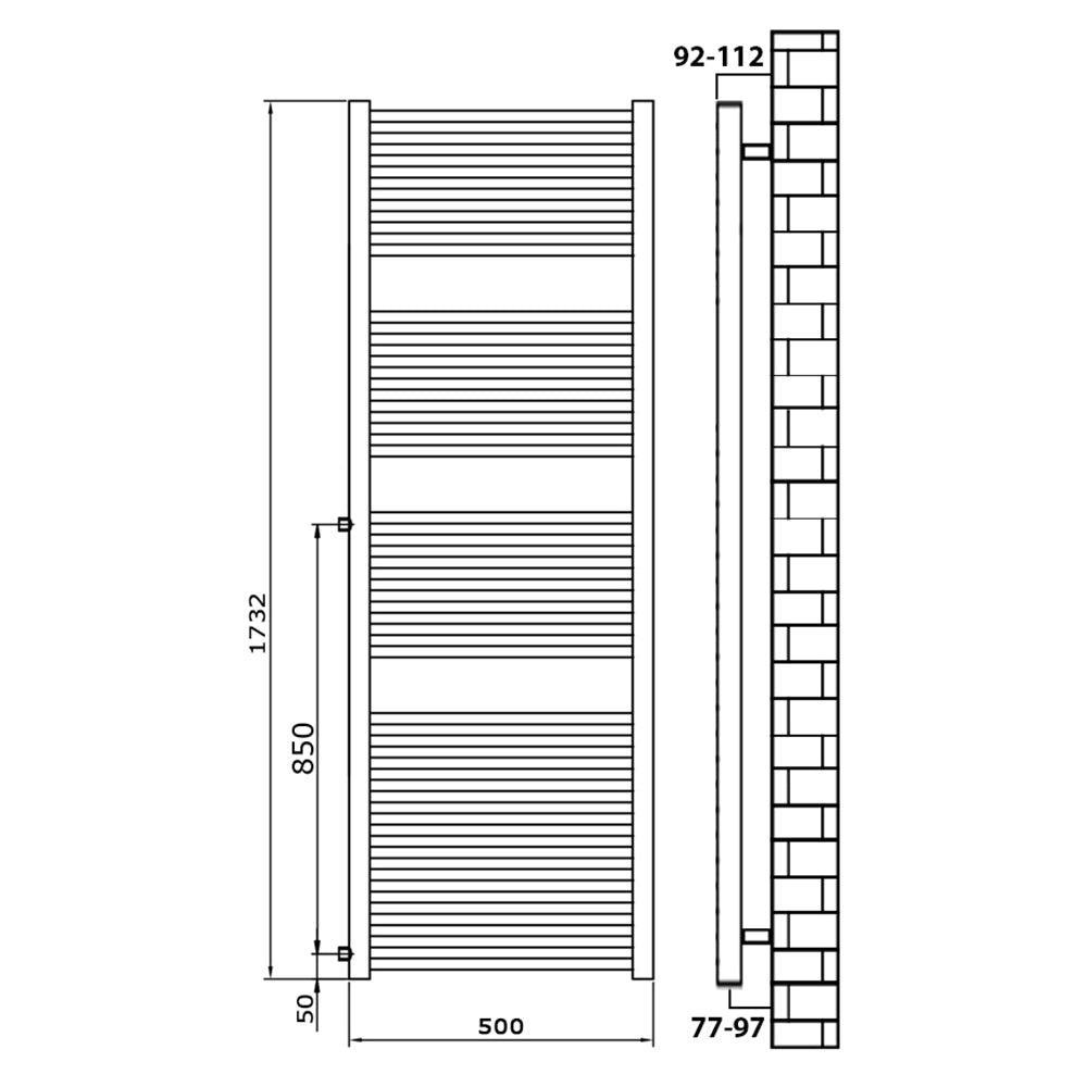 Badheizkörper Austauschheizkörper 1732 x 500 links rechts Seitenanschluss Nabenanschluss seitlicher Anschluss 850 Renovierung technische Zeichnung - heizkoerper.shop