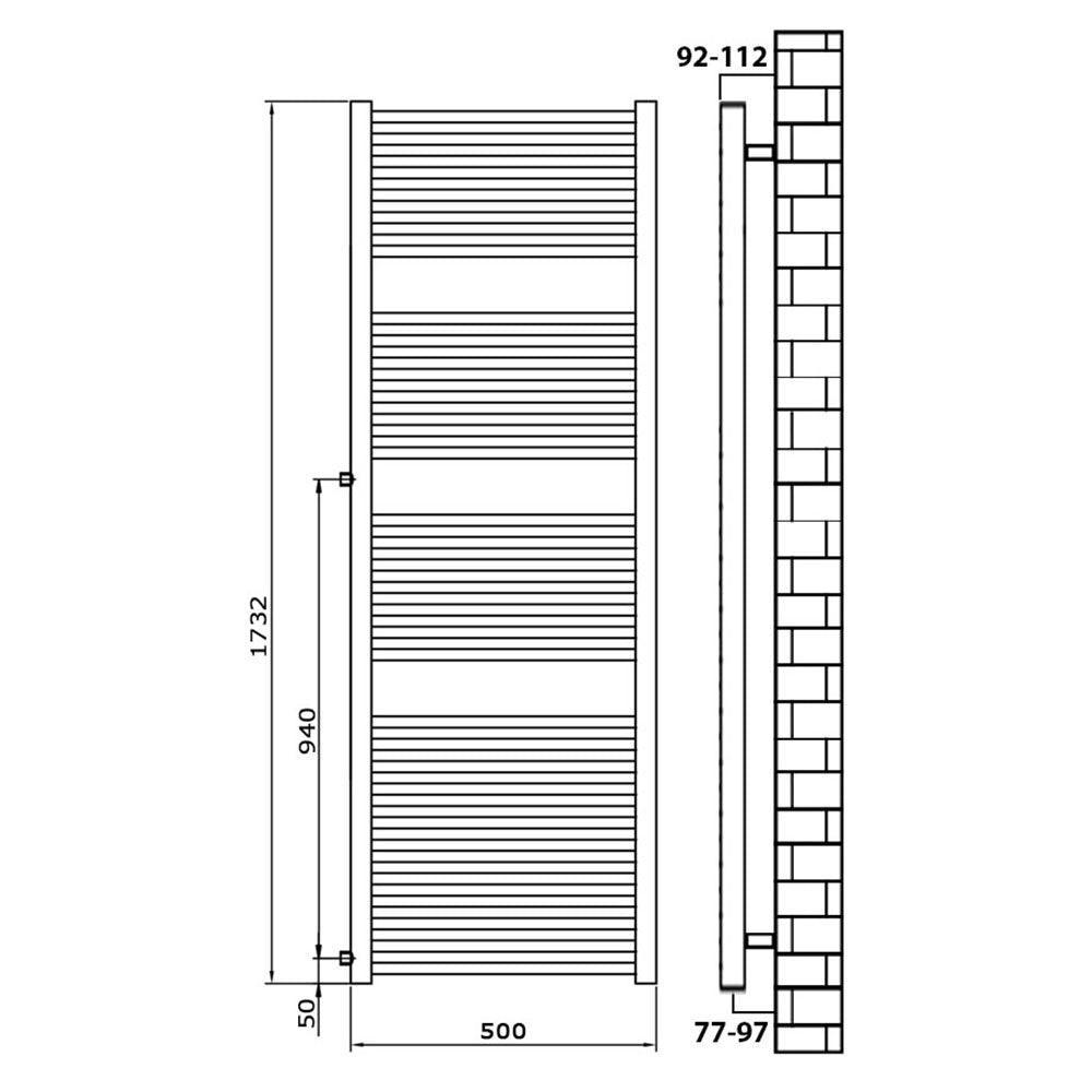 Badheizkörper Austauschheizkörper 1732 x 500 links rechts Seitenanschluss Nabenanschluss seitlicher Anschluss 940 Renovierung technische Zeichnung - heizkoerper.shop