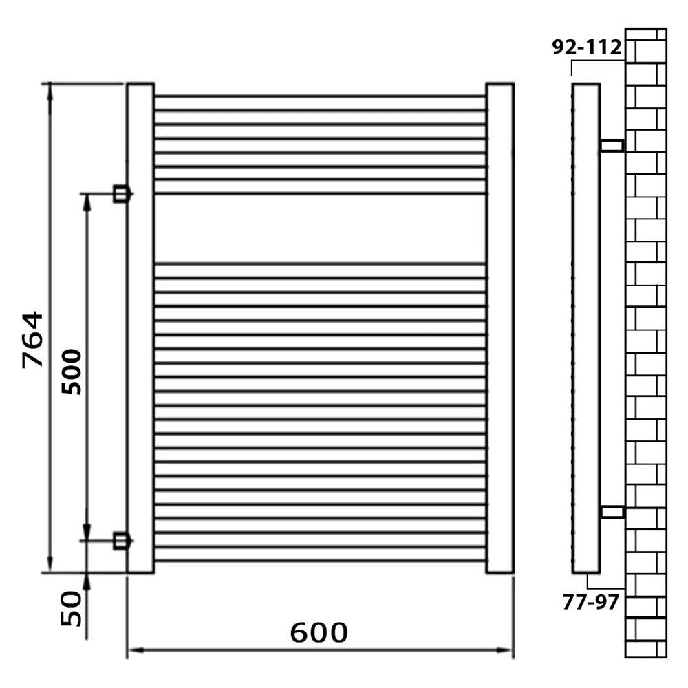 Badheizkörper Austauschheizkörper 764 x 600 links rechts Seitenanschluss Nabenanschluss seitlicher Anschluss 500 Renovierung technische Zeichnung - heizkoerper.shop