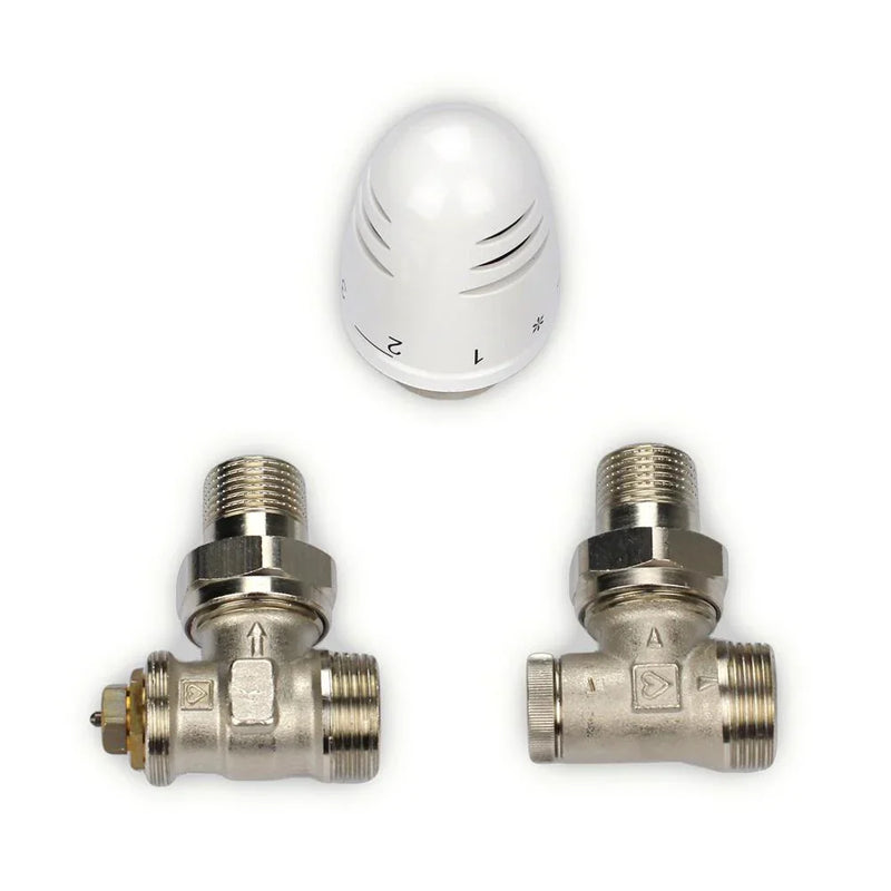 Anschlussset für Badheizkörper Standardanschluss Vorlaufverschraubung Rücklaufverschraubung inkl. Thermostatkopf absperrbar regulierbar Eckausführung weiß - heizkoerper.shop