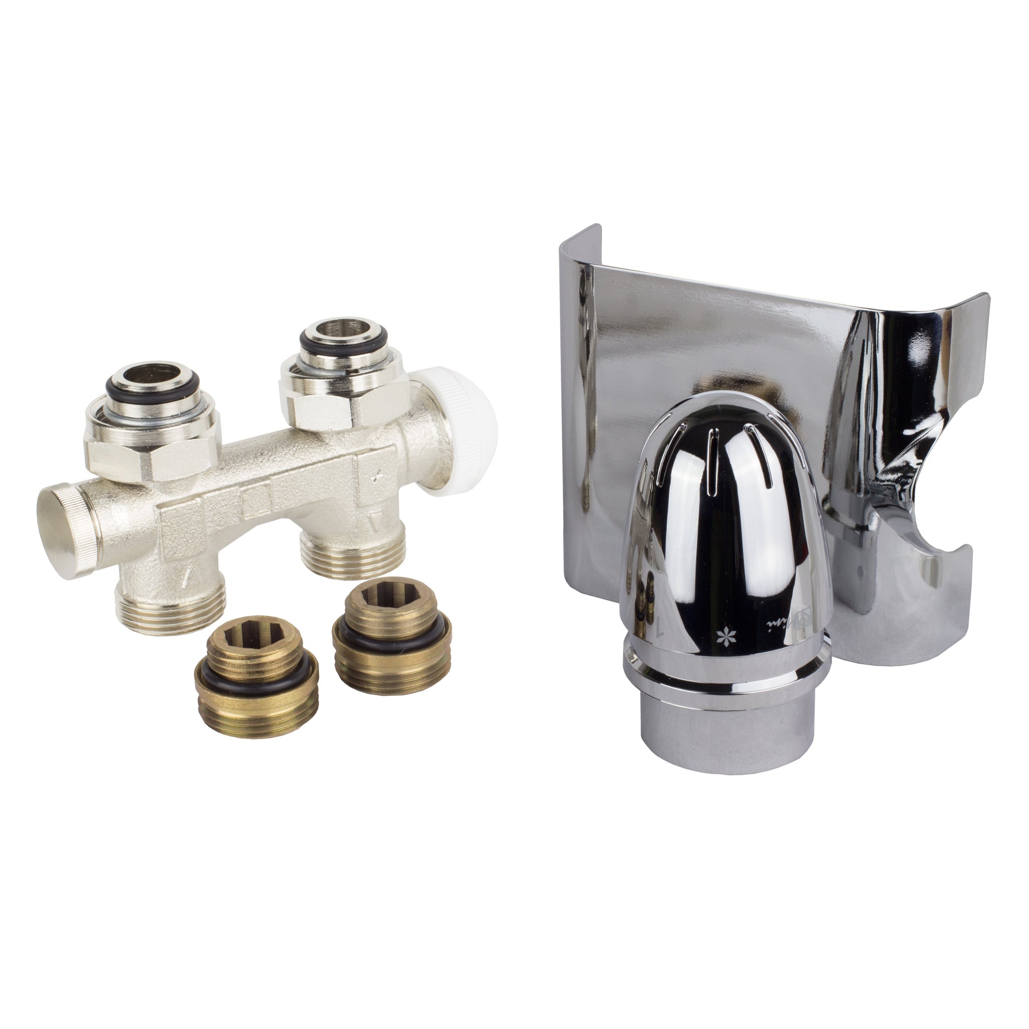 Anschlussset für Badheizkörper chrom mit Mittelanschluss Multiblock Zweirohr Einrohr System Hahnblock Set inkl. Thermostatkopf Durchgangsausführung Lieferumfang - heizkoerper.shop