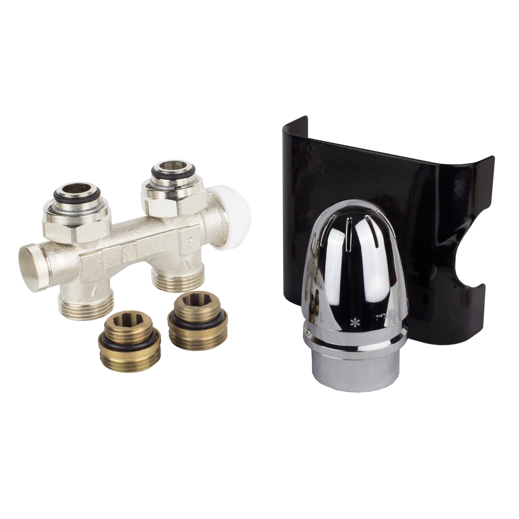 Anschlussset für Badheizkörper schwarz mit Mittelanschluss Multiblock Zweirohr Einrohr System Hahnblock Set inkl. Thermostatkopf Durchgangsausführung Lieferumfang- heizkoerper.shop
