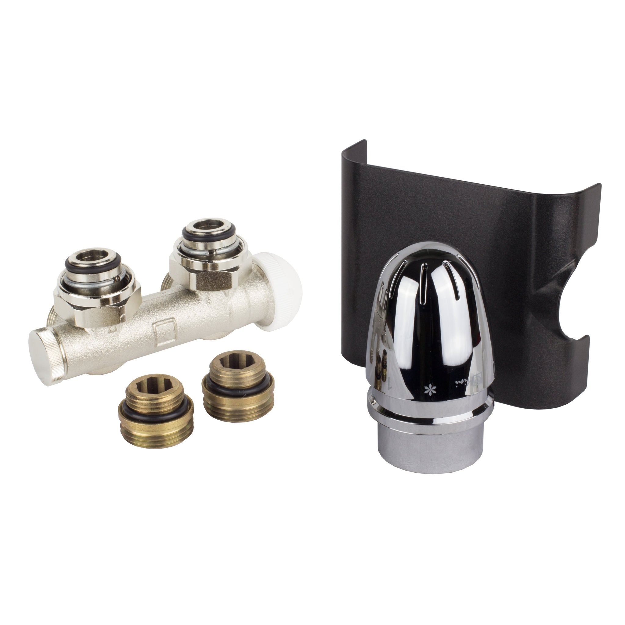 Anschlussset für Badheizkörper anthrazit mit Mittelanschluss Multiblock Zweirohr Einrohr System Hahnblock Set inkl. Thermostatkopf Eckausführung Lieferumfang - heizkoerper.shop
