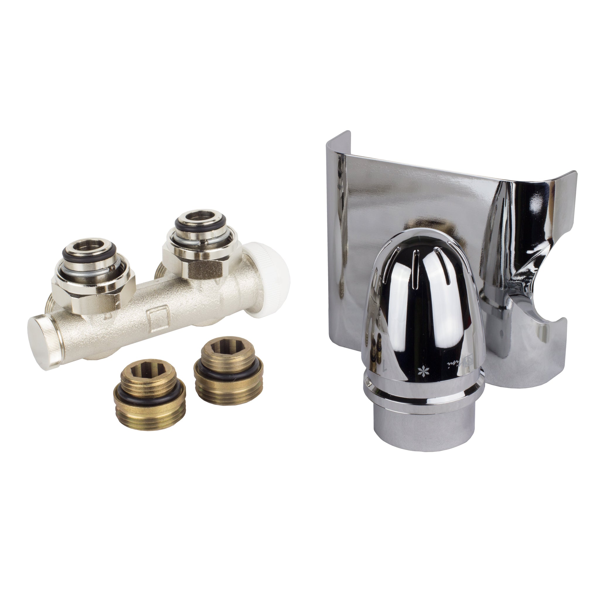 Anschlussset für Badheizkörper chrom mit Mittelanschluss Multiblock Zweirohr Einrohr System Hahnblock Set inkl. Thermostatkopf Eckausführung Lieferumfang - heizkoerper.shop