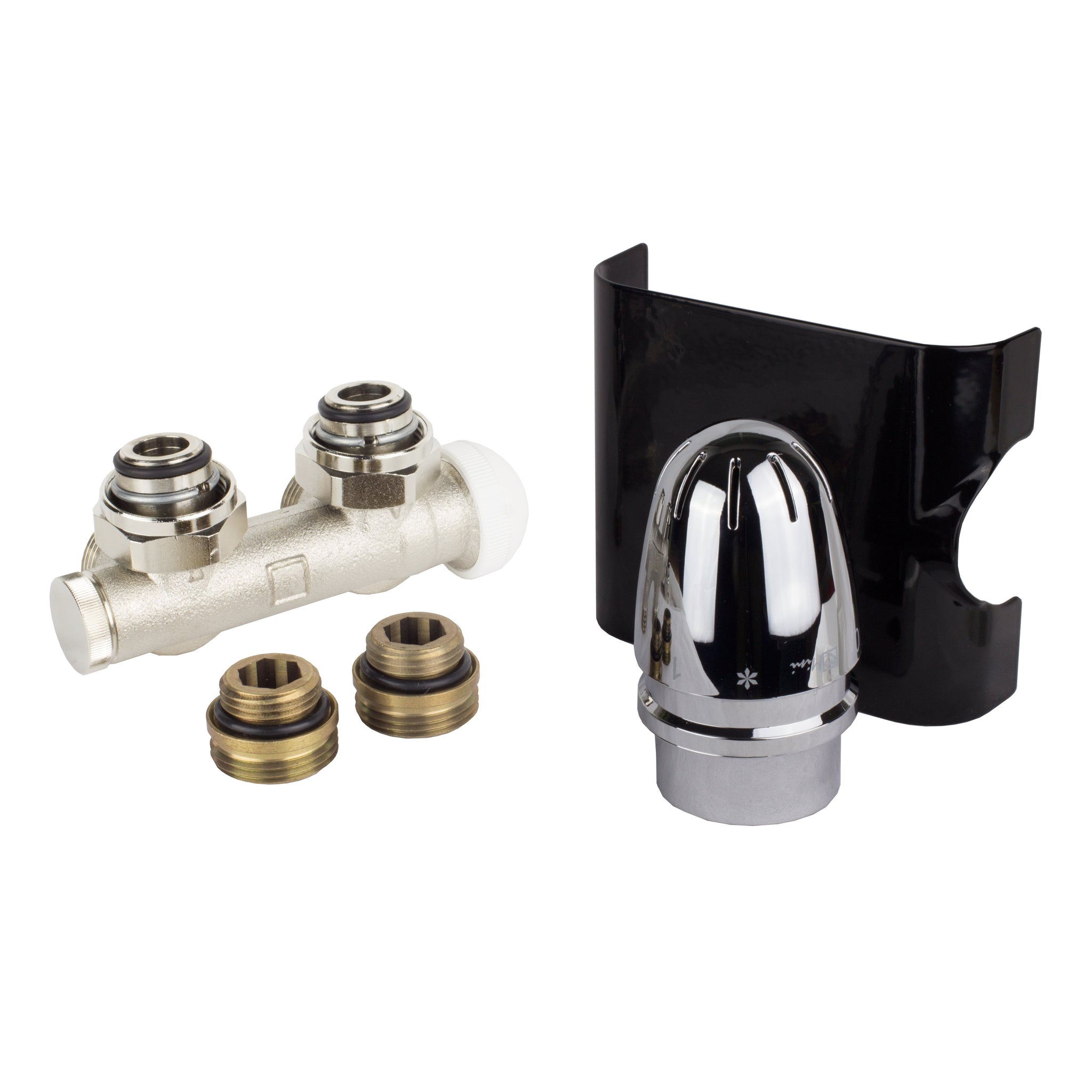 Anschlussset für Badheizkörper schwarz mit Mittelanschluss Multiblock Zweirohr Einrohr System Hahnblock Set inkl. Thermostatkopf  Eckausführung Lieferumfang - heizkoerper.shop