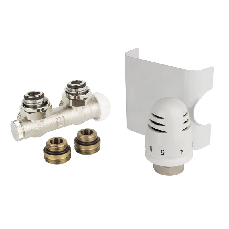 Anschlussset für Badheizkörper weiß mit Mittelanschluss Multiblock Zweirohr Einrohr System Hahnblock Set inkl. Thermostatkopf  Eckausführung Lieferumfang - heizkoerper.shop