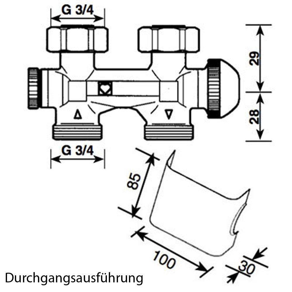 Anschlussset für Badheizkörper mit Mittelanschluss Multiblock Zweirohr Einrohr System Hahnblock Set inkl. Thermostatkopf Durchgangsausführung technische Zeichnung - heizkoerper.shop