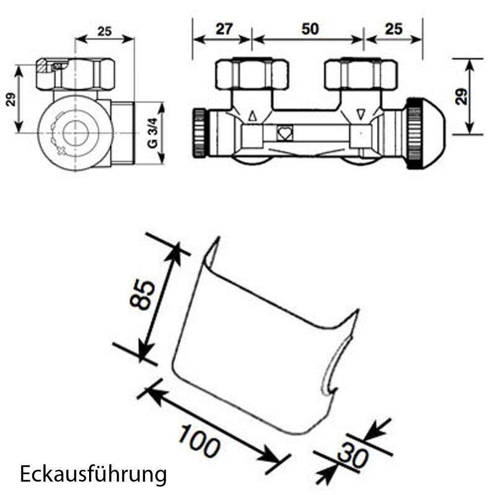 Anschlussset für Badheizkörper mit Mittelanschluss Multiblock Zweirohr Einrohr System Hahnblock Set inkl. Thermostatkopf Eckausführung technische Zeichnung- heizkoerper.shop