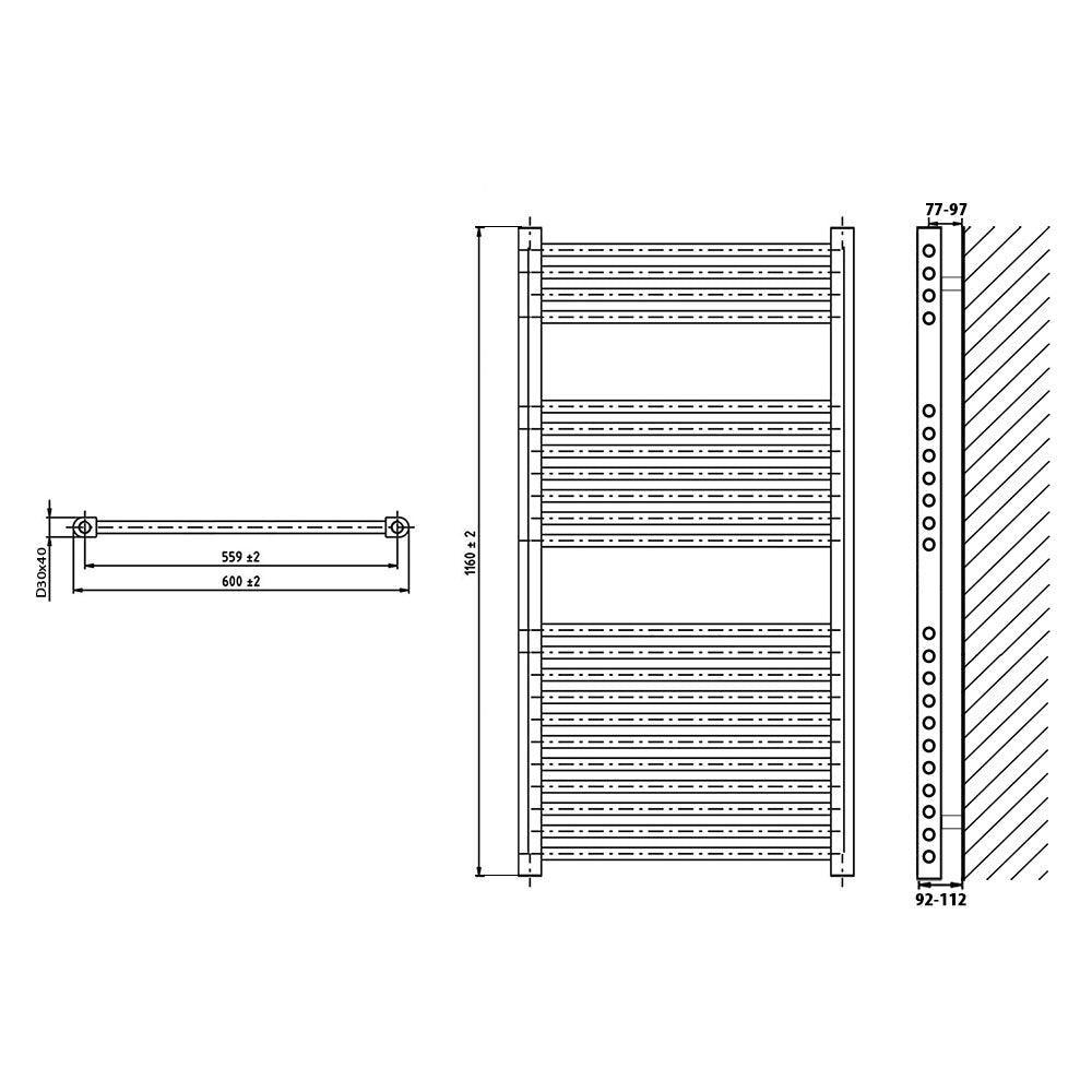 Badheizkörper gerade mit Stecker 1160 x 600 Elektroheizkörper Handtuchwärmer elektrischer Handtuchhalter Badezimmer Heizung technische Zeichnung - heizkoerper.shop